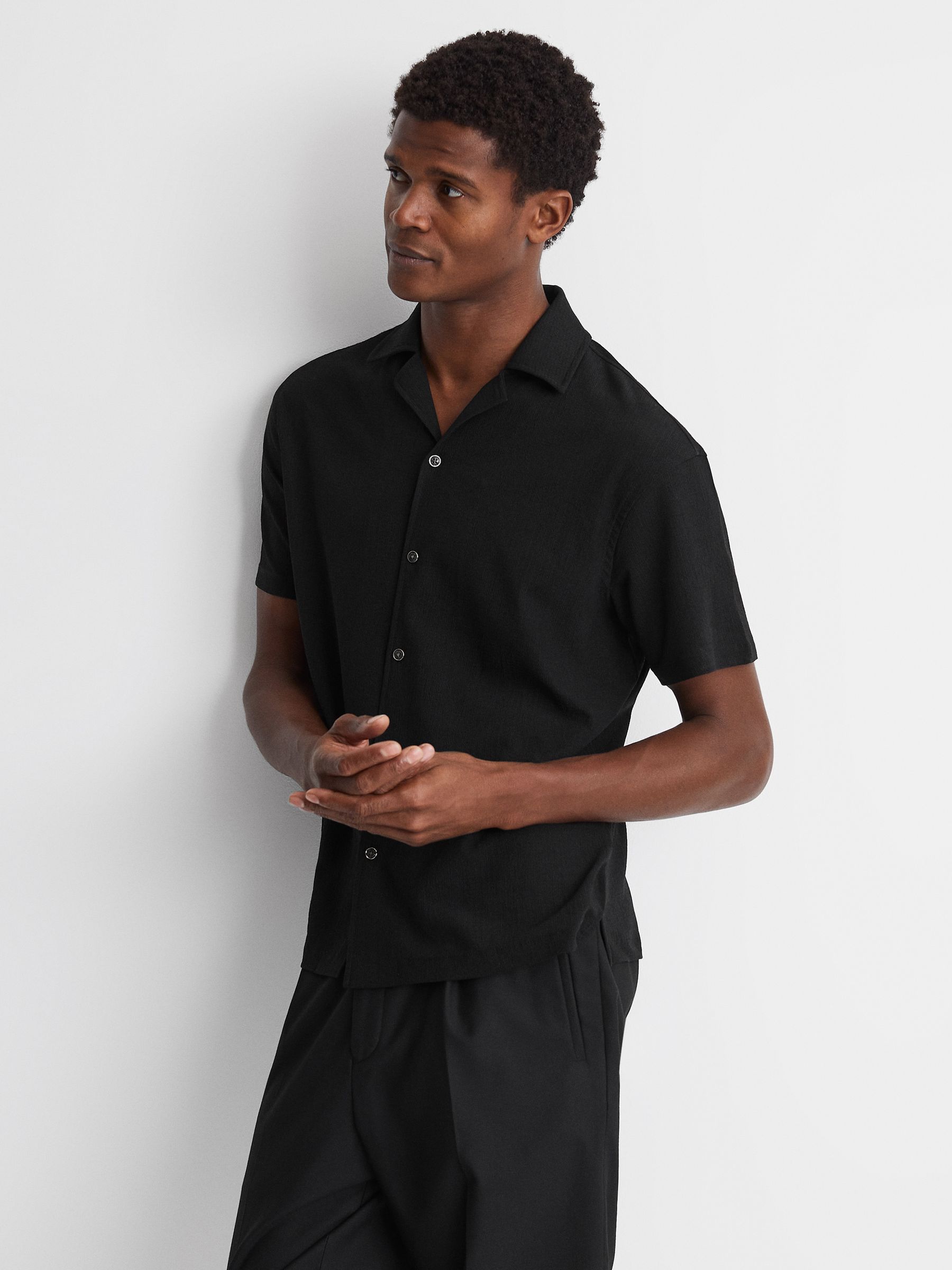 Textured Crepe Cuban Collar Shirt in Black - Image 4 of 5