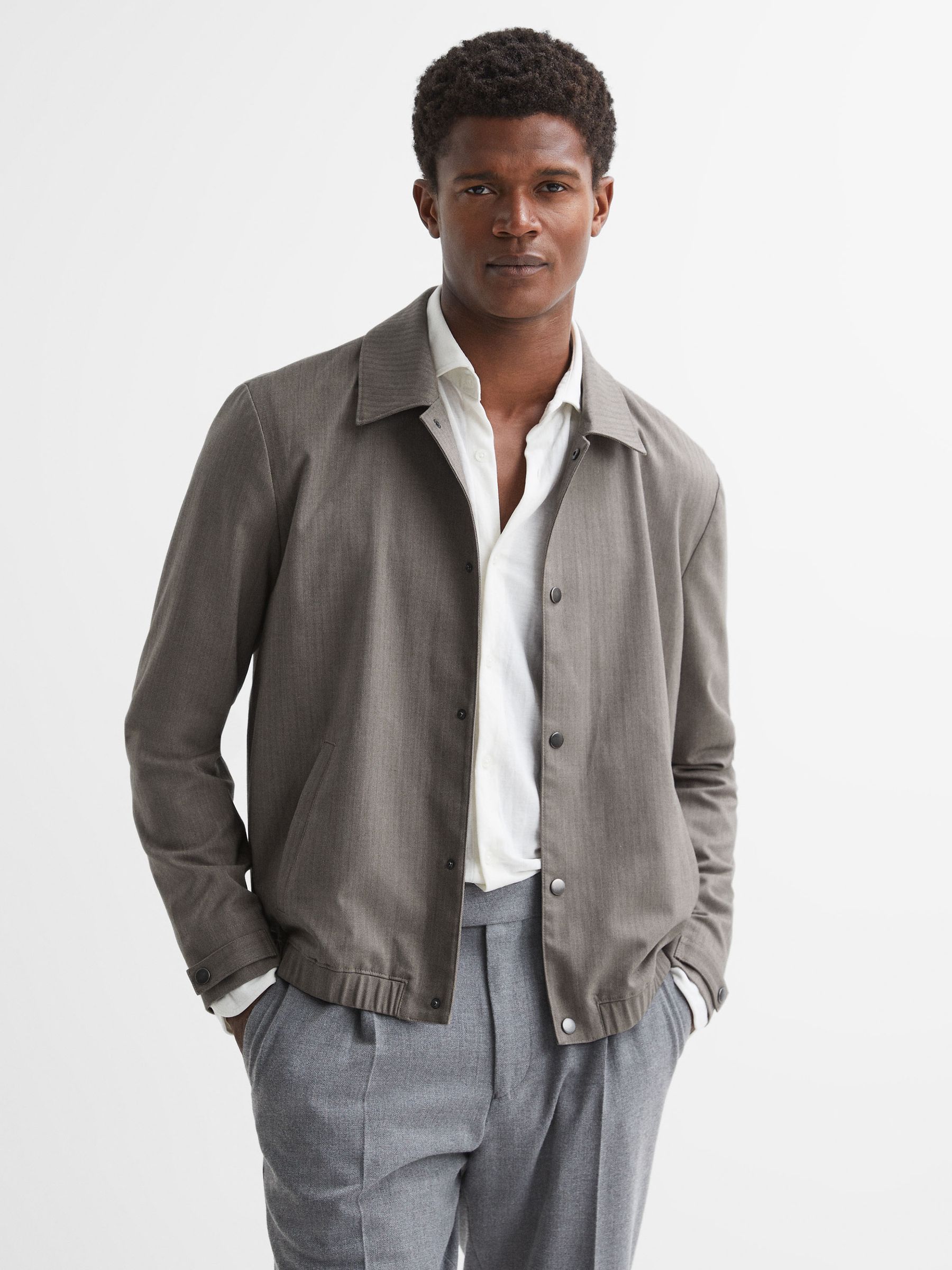 Paige Herringbone Press-Stud Bomber Jacket in Sea Fossil - Image 1 of 6