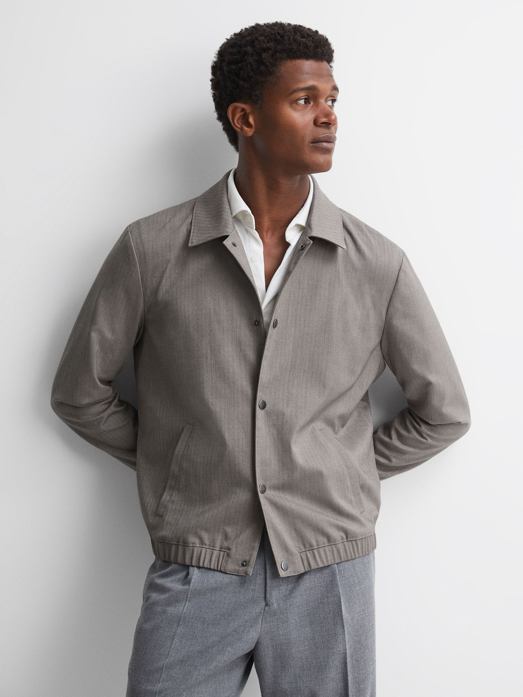 Paige Herringbone Press-Stud Bomber Jacket in Sea Fossil - Image 5 of 6