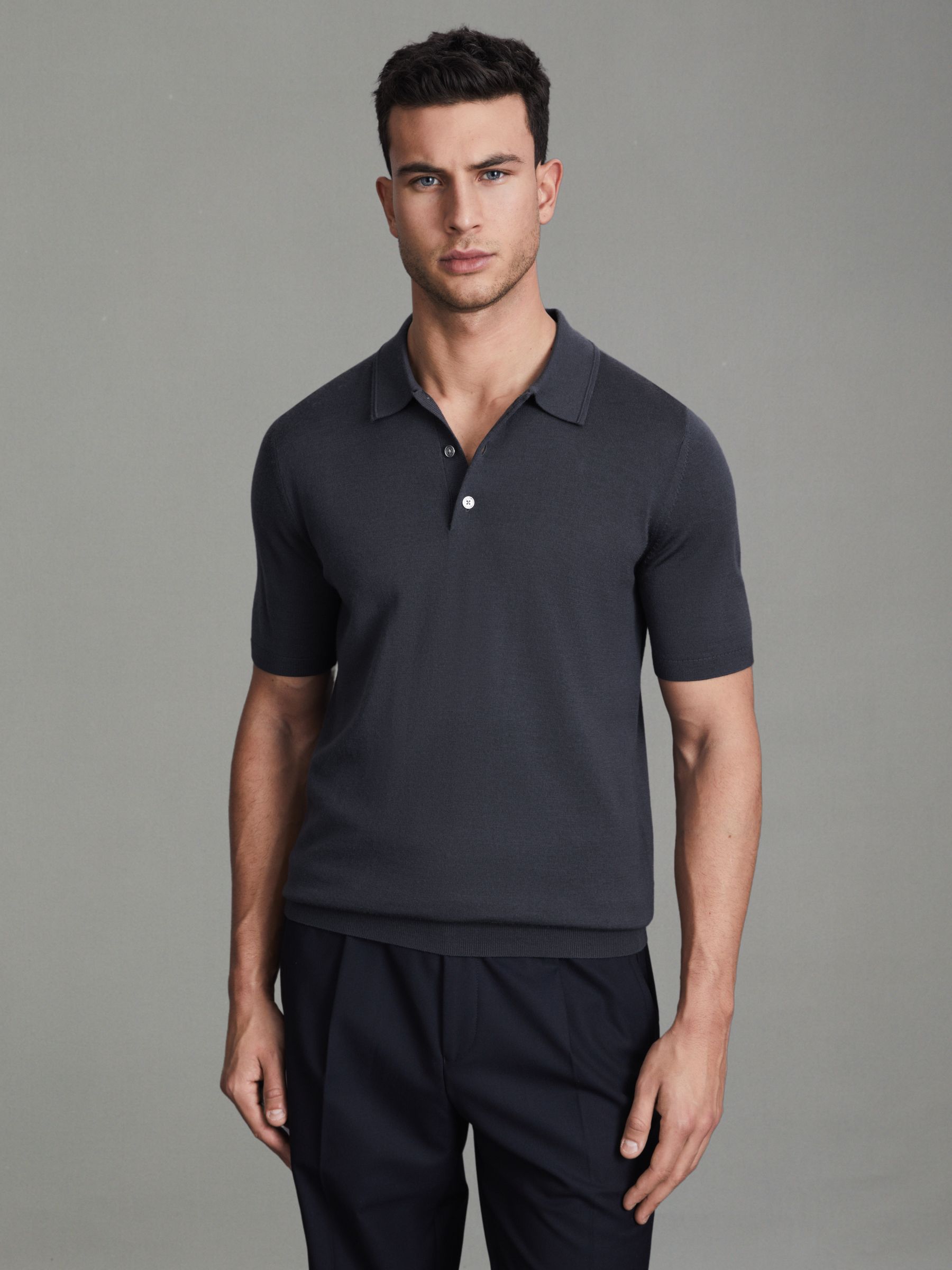 Merino Wool Polo Shirt in Blue Smoke - Image 1 of 1