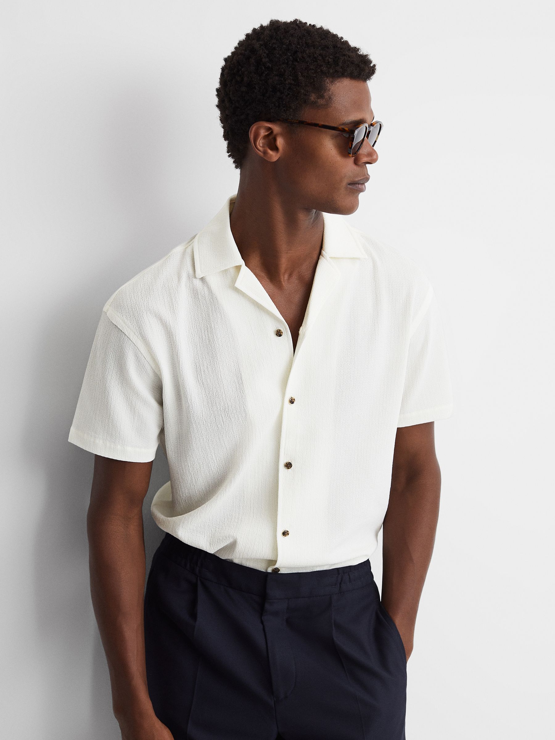 Textured Crepe Cuban Collar Shirt in Ecru - Image 1 of 4