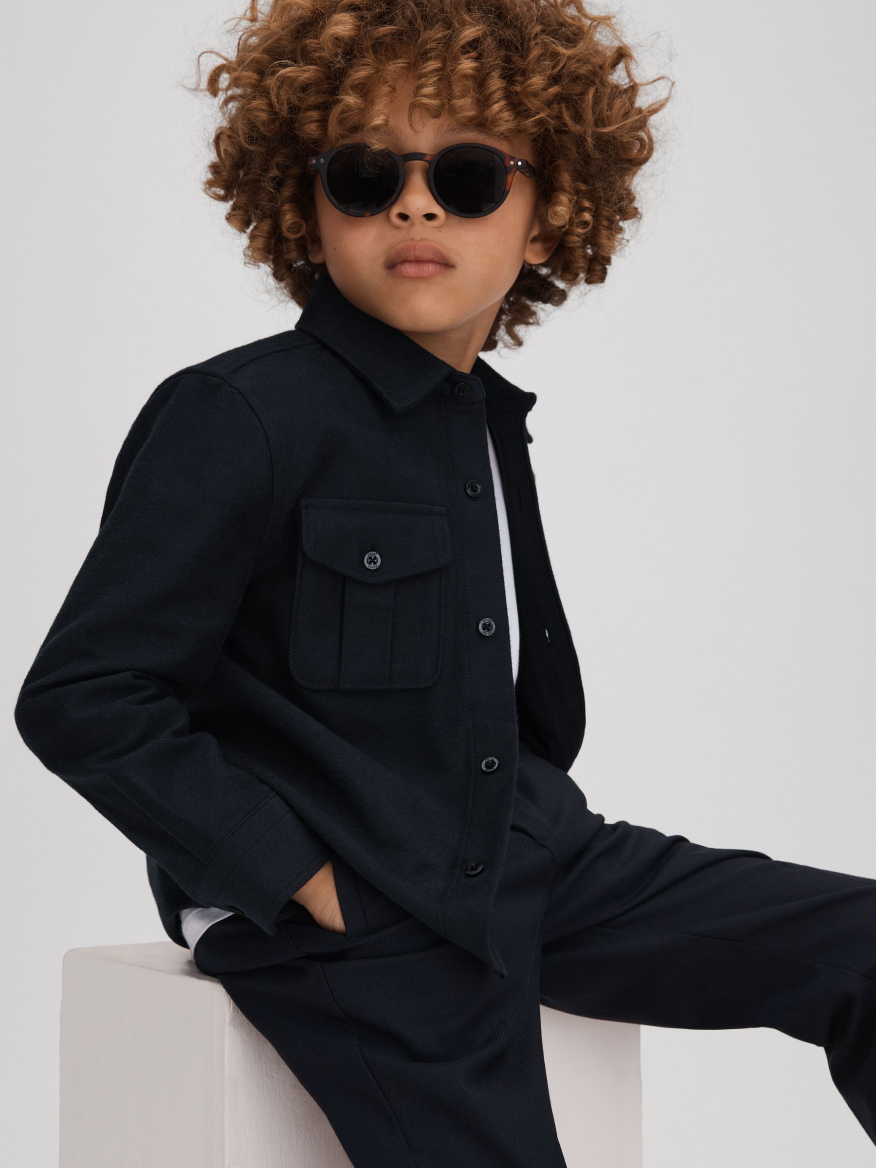 Brushed Cotton Patch Pocket Overshirt in Navy - Image 1 of 4