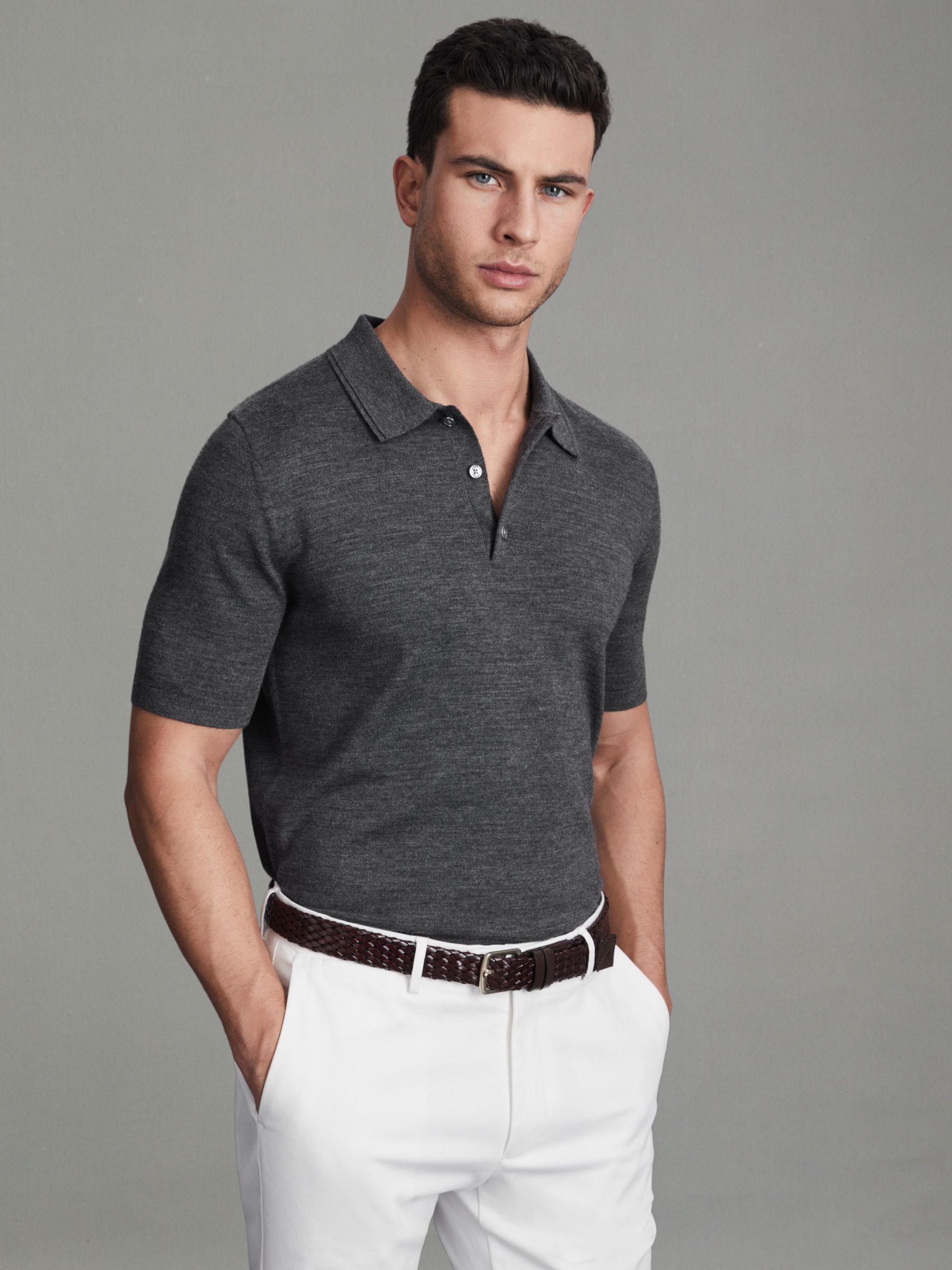 Slim Fit Merino Wool Polo Shirt in Derby Grey Marl - Image 1 of 6