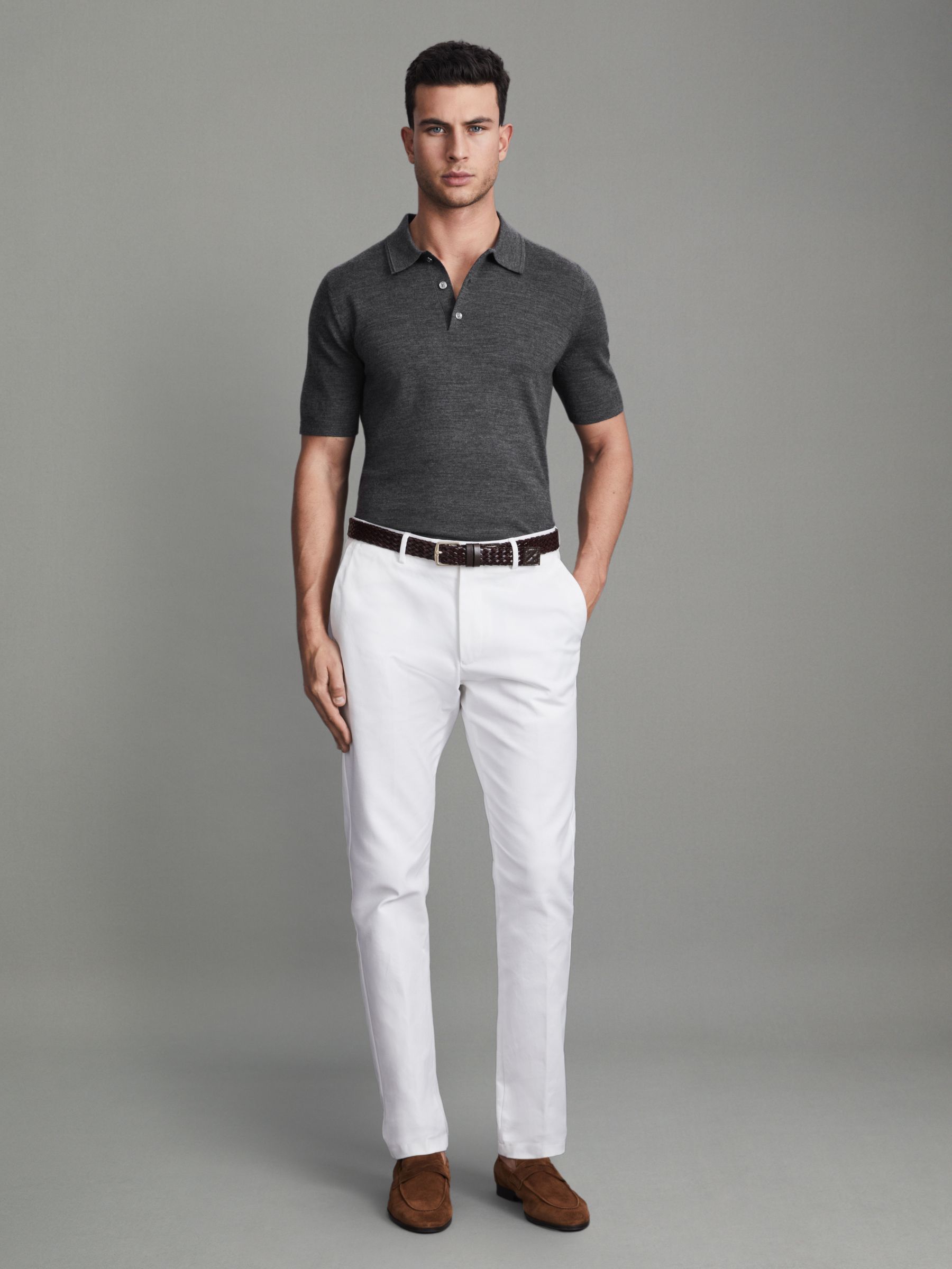 Slim Fit Merino Wool Polo Shirt in Derby Grey Marl - Image 3 of 6