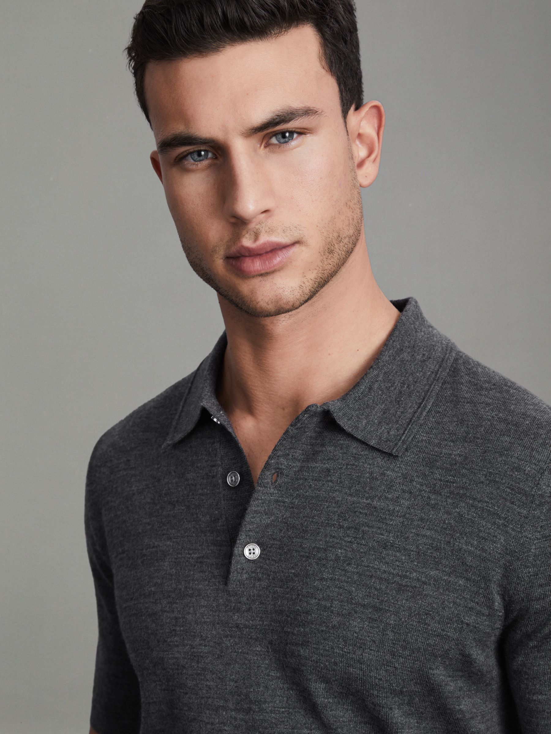 Slim Fit Merino Wool Polo Shirt in Derby Grey Marl - Image 4 of 6