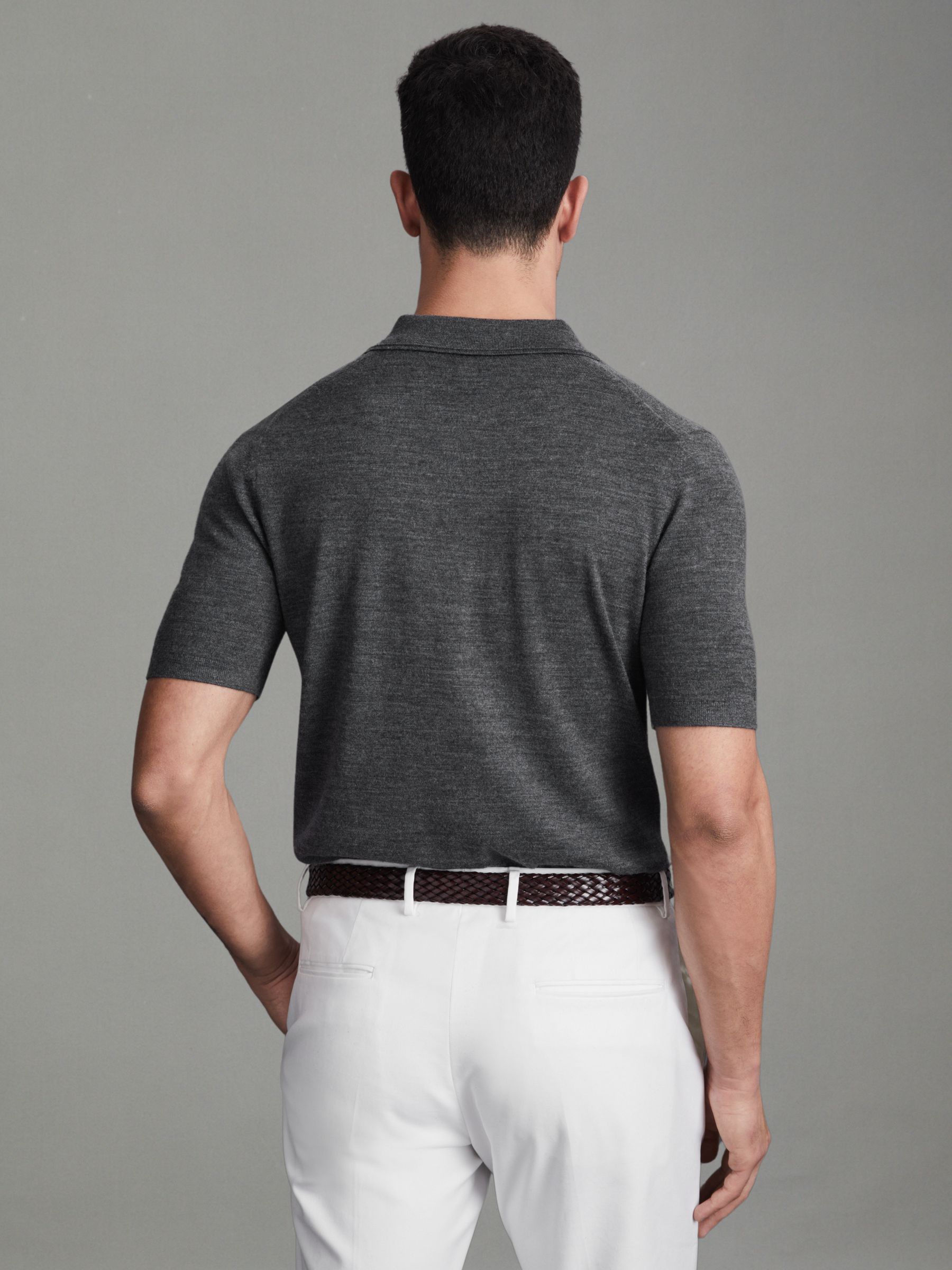 Slim Fit Merino Wool Polo Shirt in Derby Grey Marl - Image 5 of 6