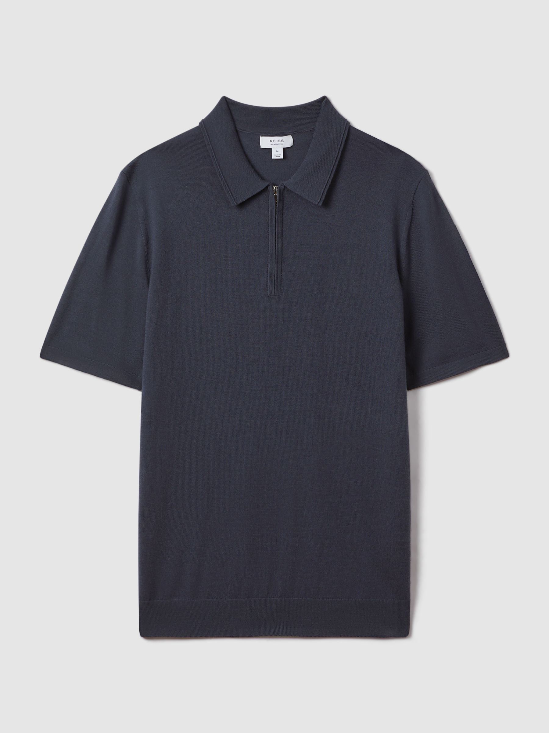 Reiss Maxwell Blue Smoke Merino Wool Half-Zip Polo Shirt - REISS