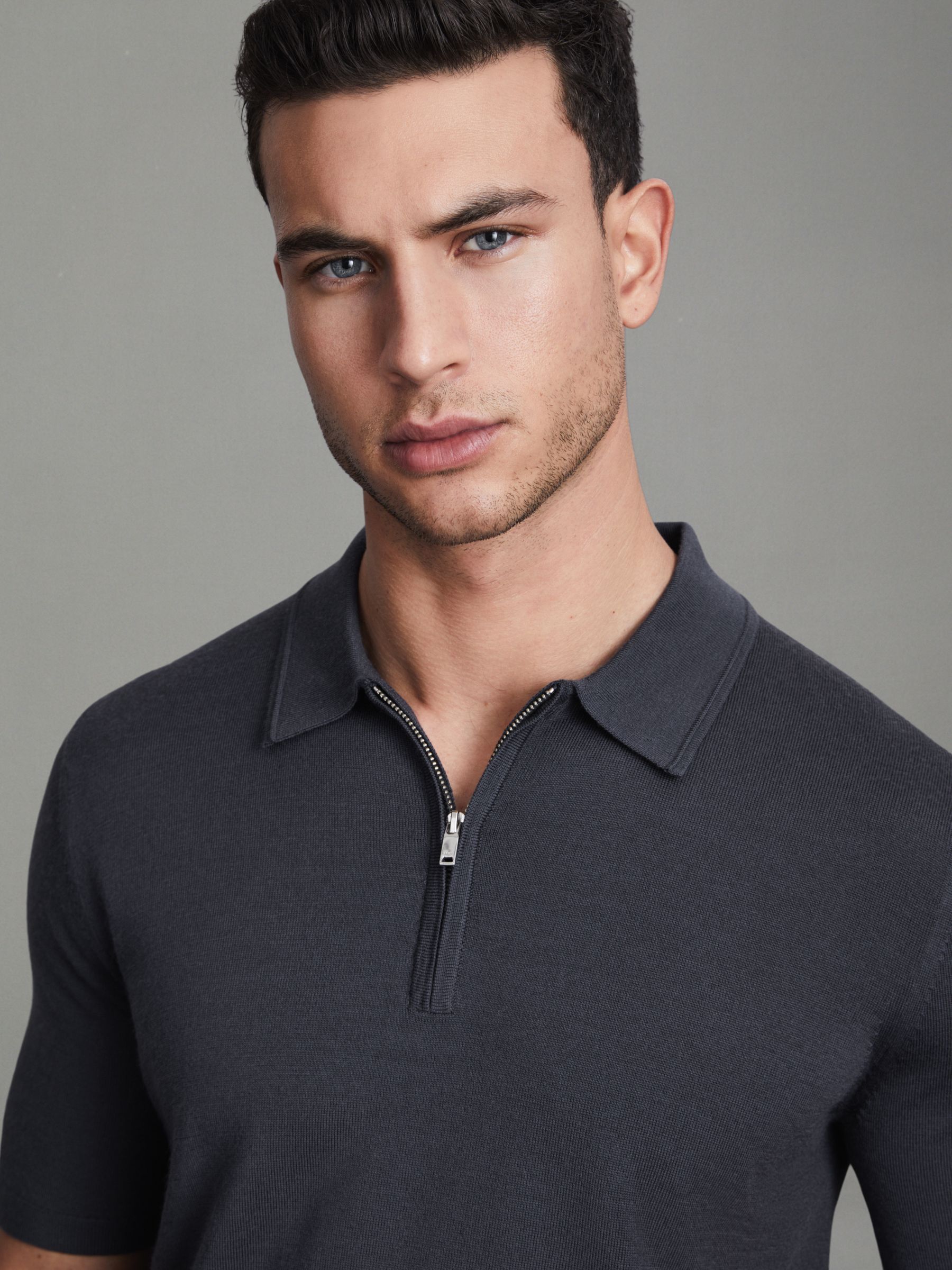 Maxwell Blue Smoke Merino Wool Half-Zip Polo Shirt - Image 4 of 5