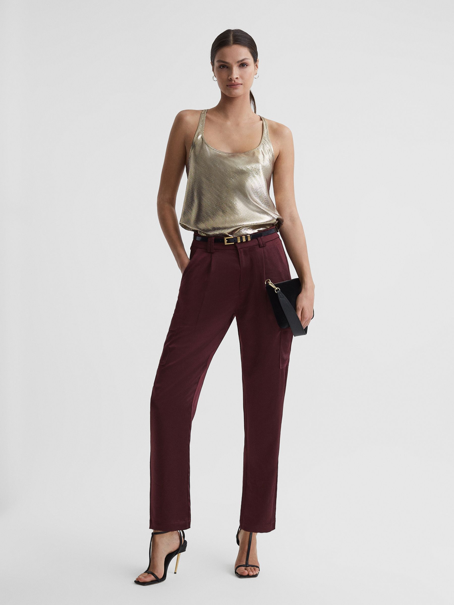 Paige Satin Cargo Trousers in Dusty Cherrywood - Image 1 of 6
