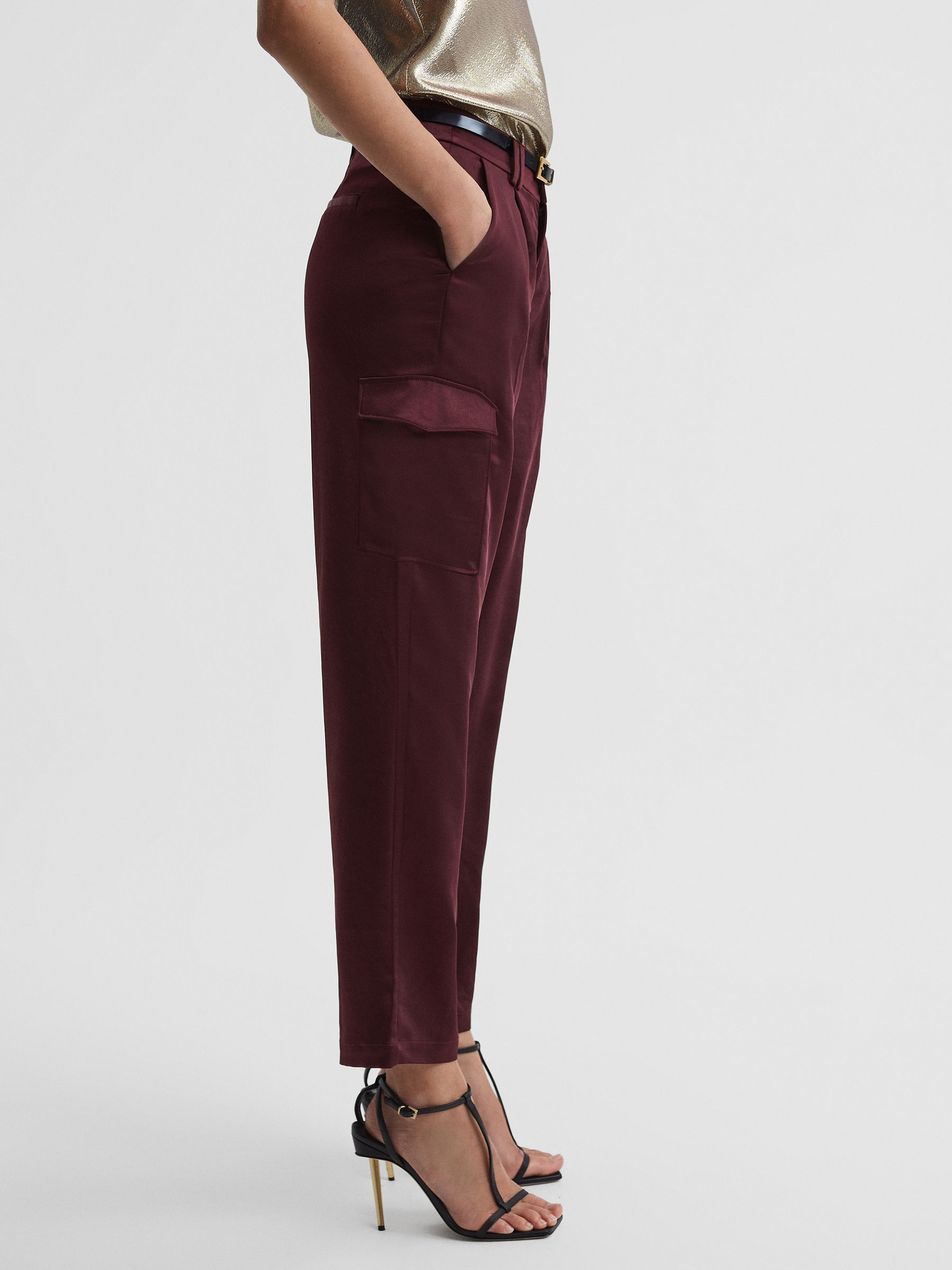 Paige Satin Cargo Trousers in Dusty Cherrywood - Image 3 of 6
