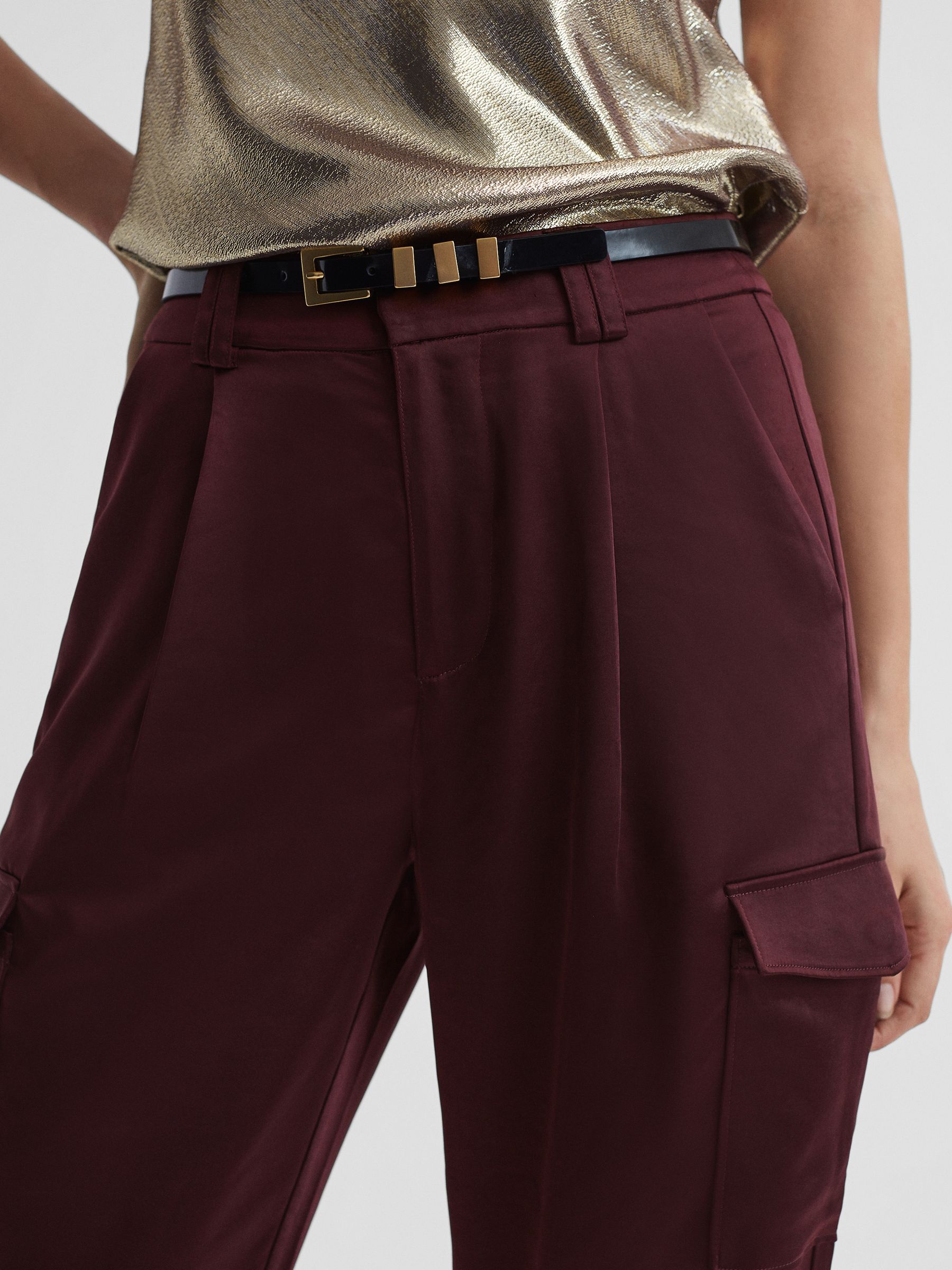 Paige Satin Cargo Trousers in Dusty Cherrywood - Image 4 of 6