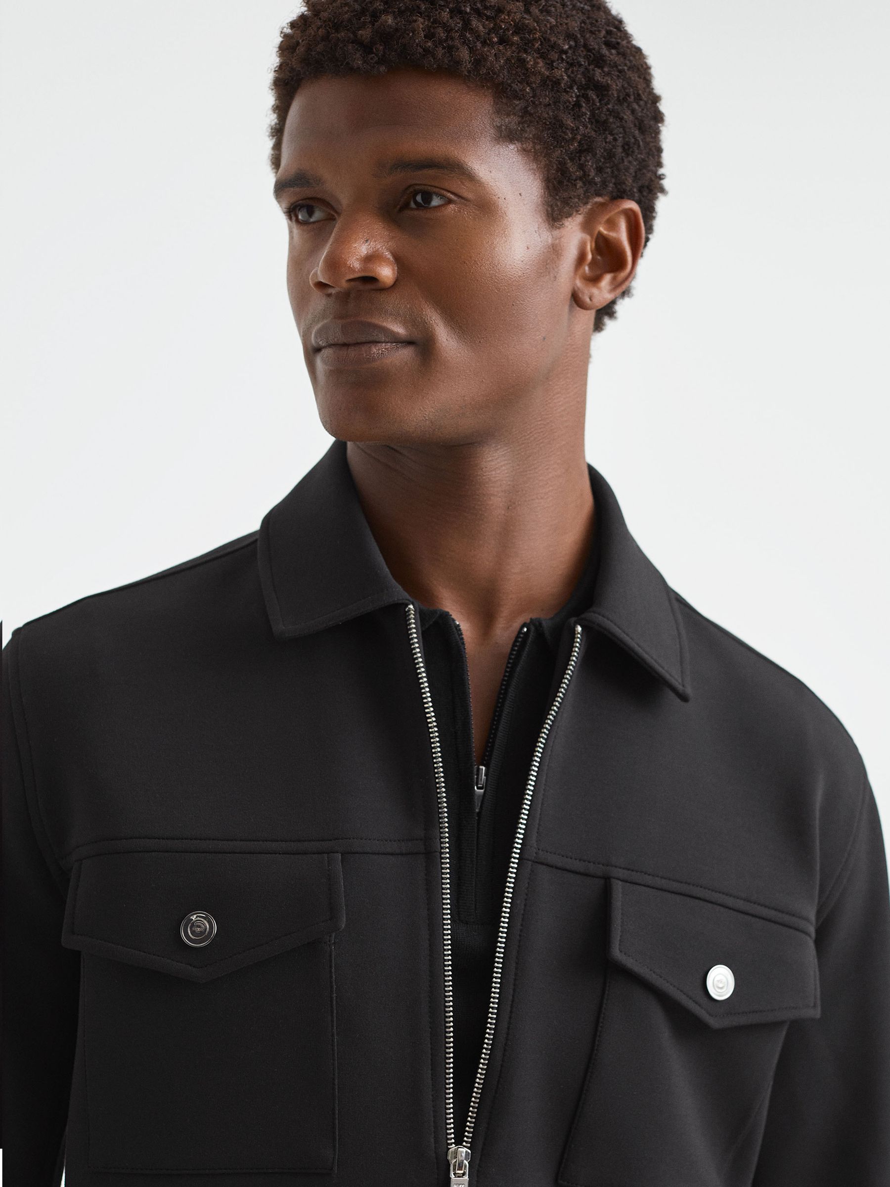 Interlock Jersey Zip-Through Overshirt in Black - Image 3 of 7