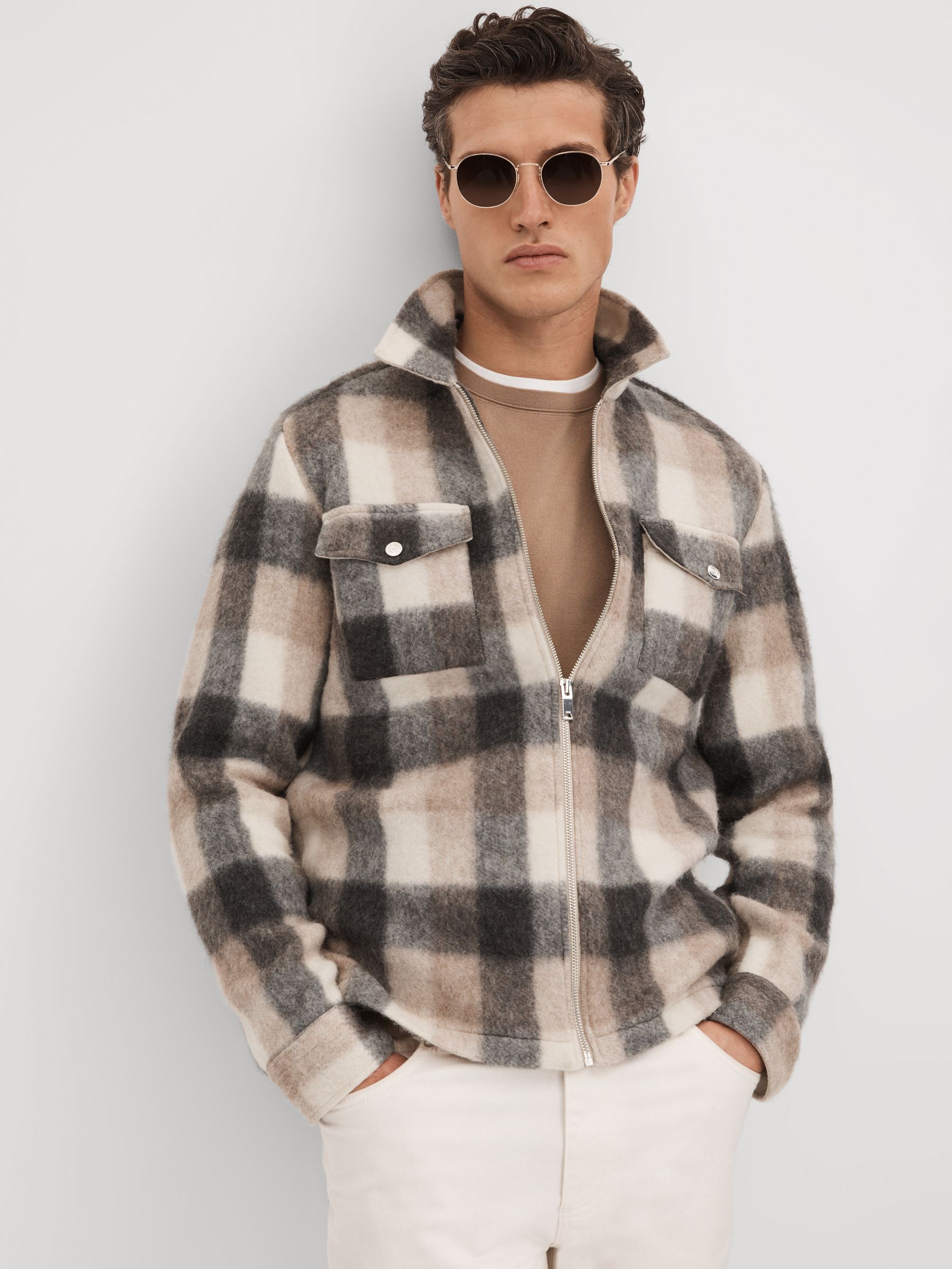 Brushed Check Overshirt in Oatmeal/Grey - Image 1 of 6