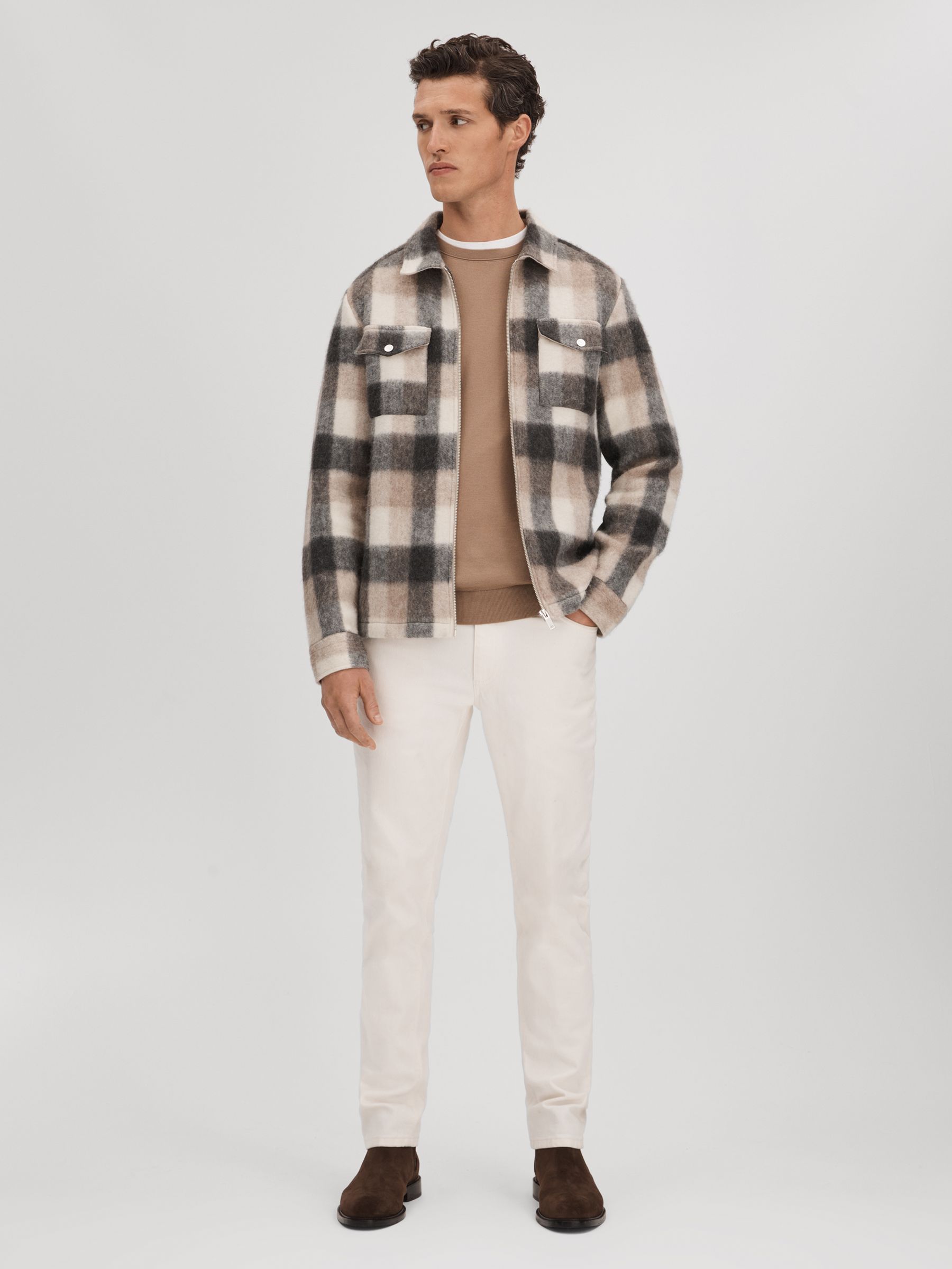 Brushed Check Overshirt in Oatmeal/Grey - Image 4 of 6