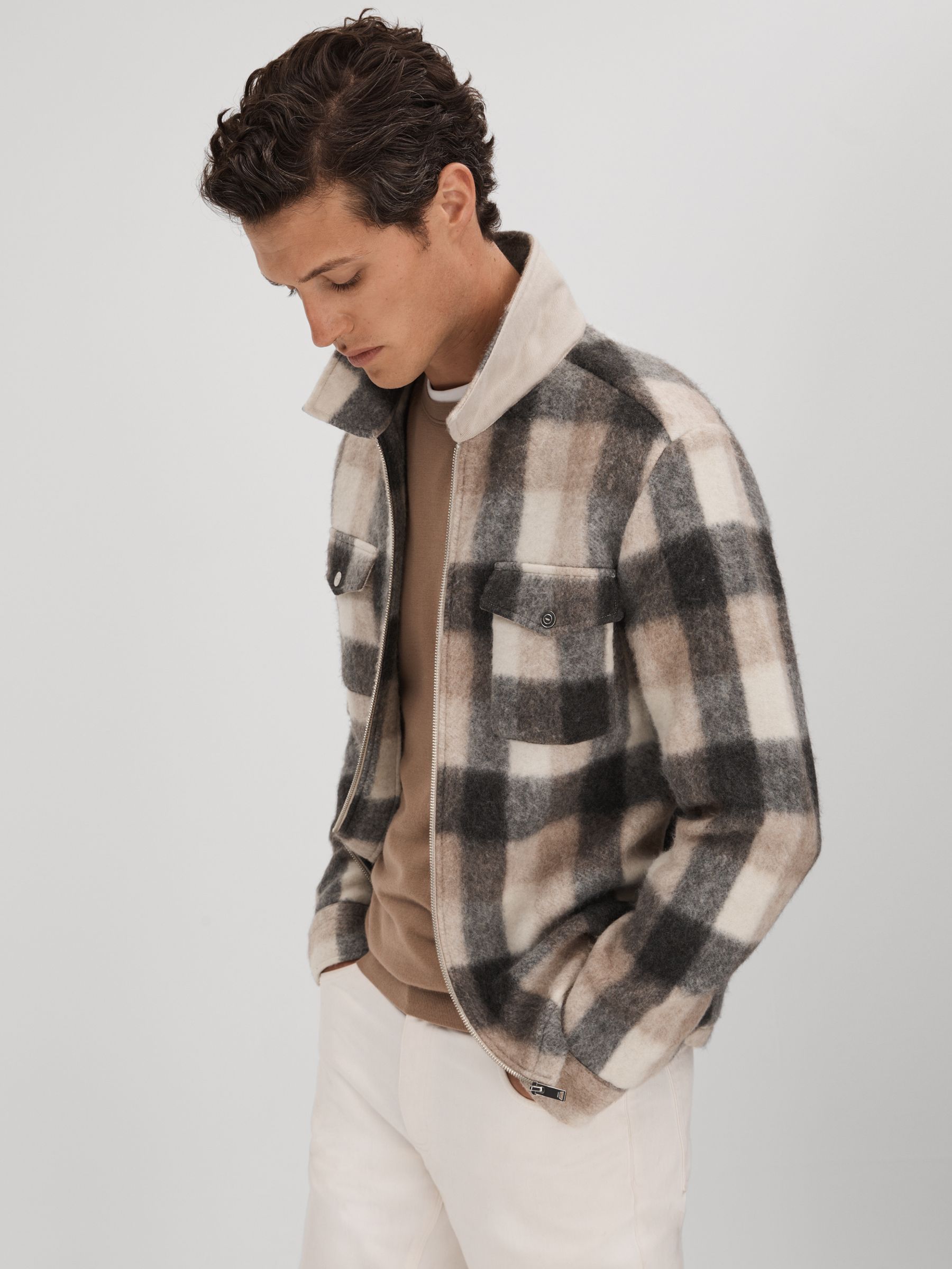 Brushed Check Overshirt in Oatmeal/Grey - Image 5 of 6
