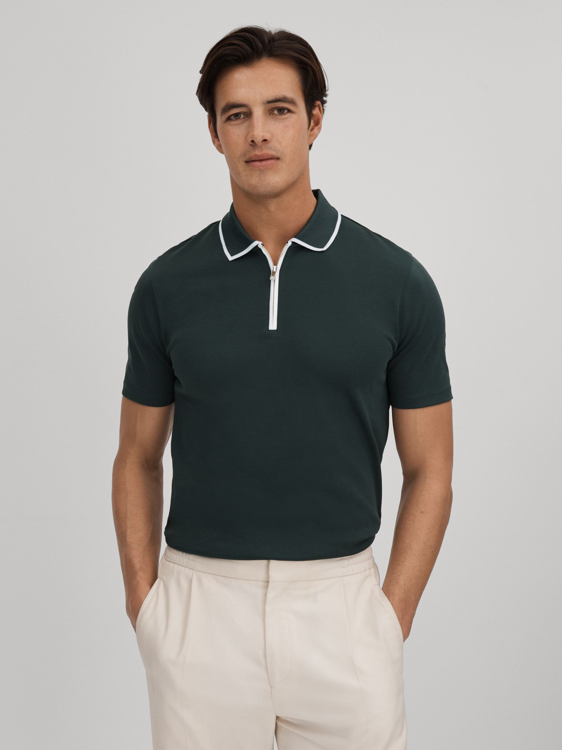 Cotton Contrast Collar Half-Zip Polo Shirt in Dark Green - Image 1 of 6