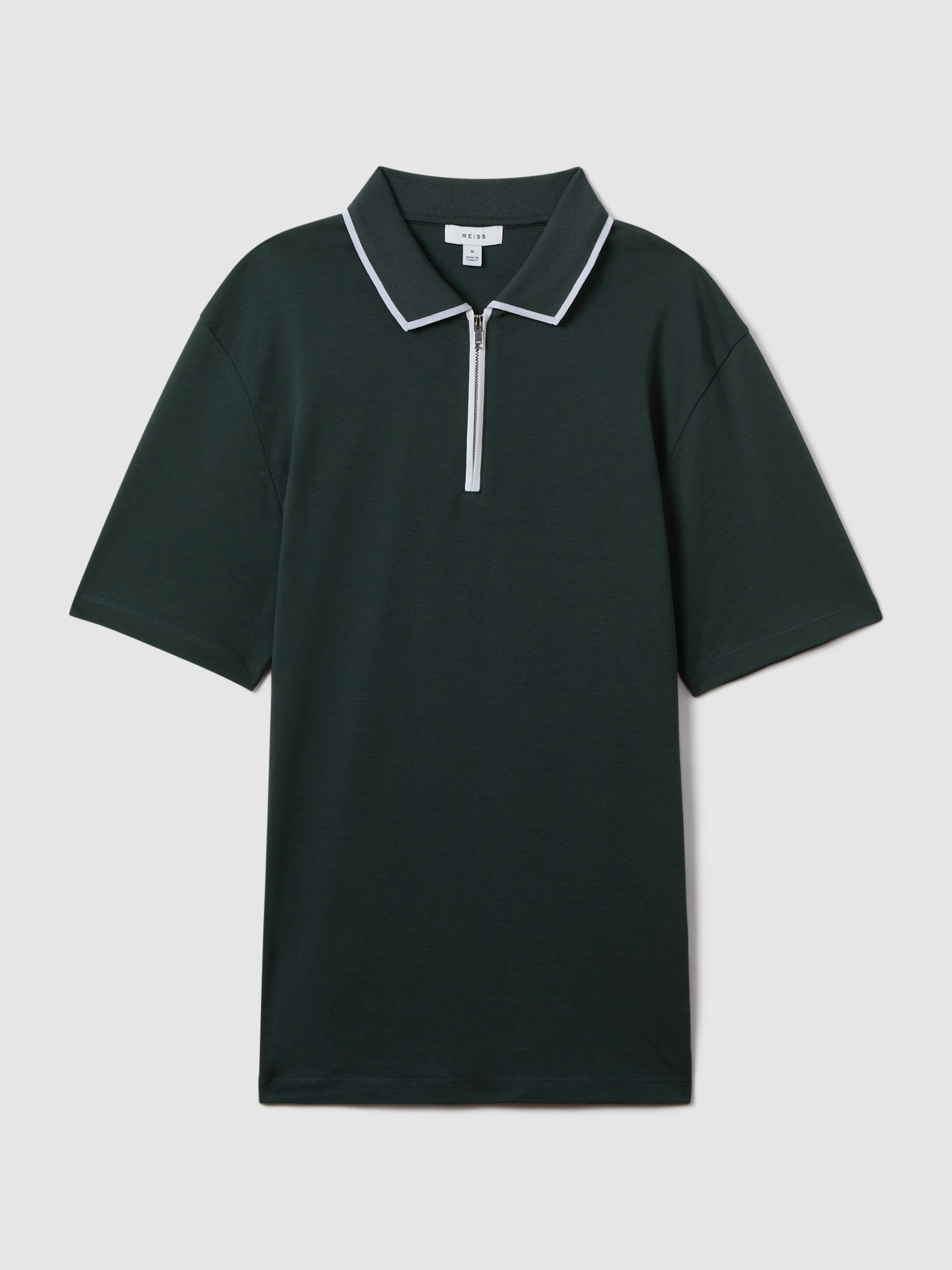 Cotton Contrast Collar Half-Zip Polo Shirt in Dark Green - Image 2 of 6
