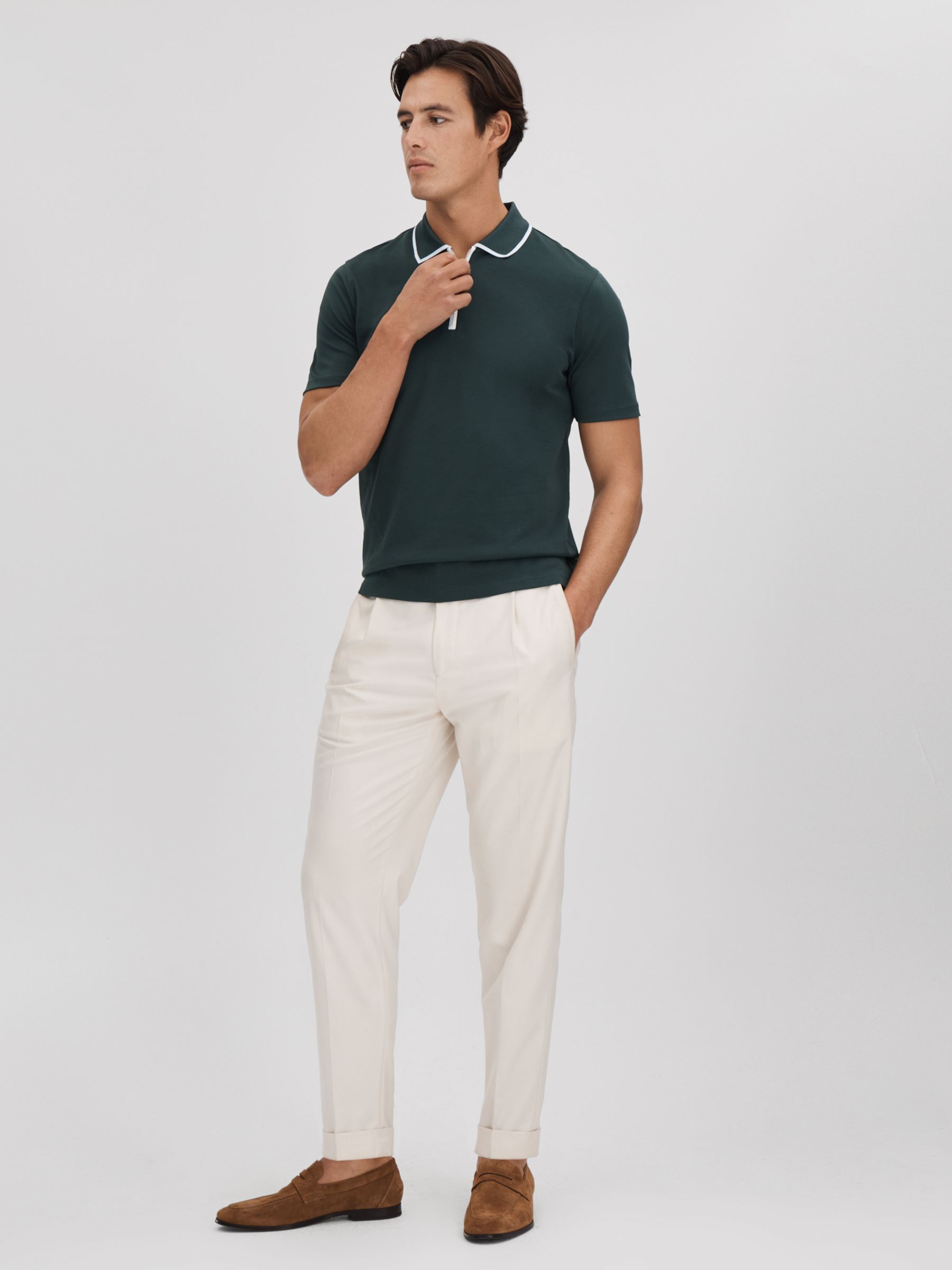 Cotton Contrast Collar Half-Zip Polo Shirt in Dark Green - Image 3 of 6