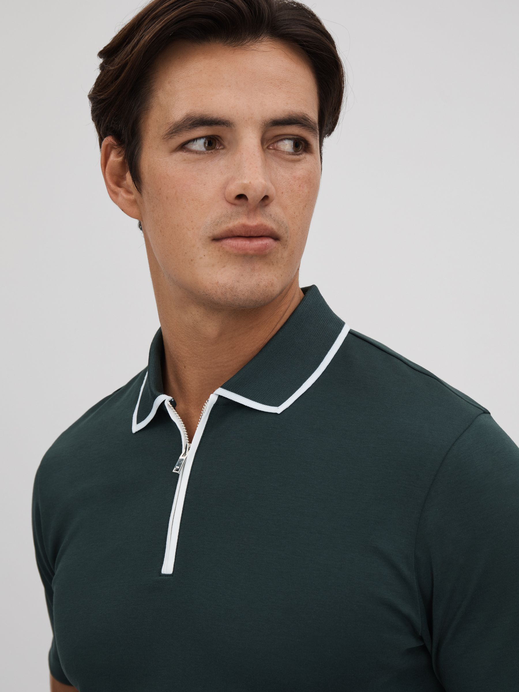 Cotton Contrast Collar Half-Zip Polo Shirt in Dark Green - Image 4 of 6