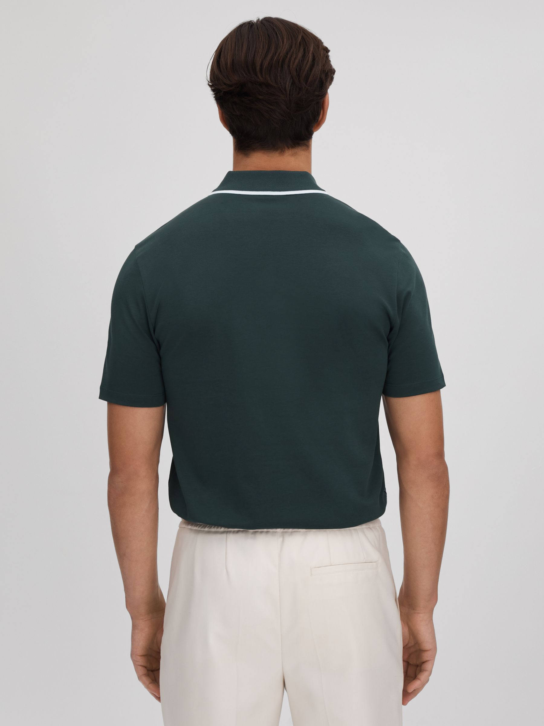 Cotton Contrast Collar Half-Zip Polo Shirt in Dark Green - Image 5 of 6