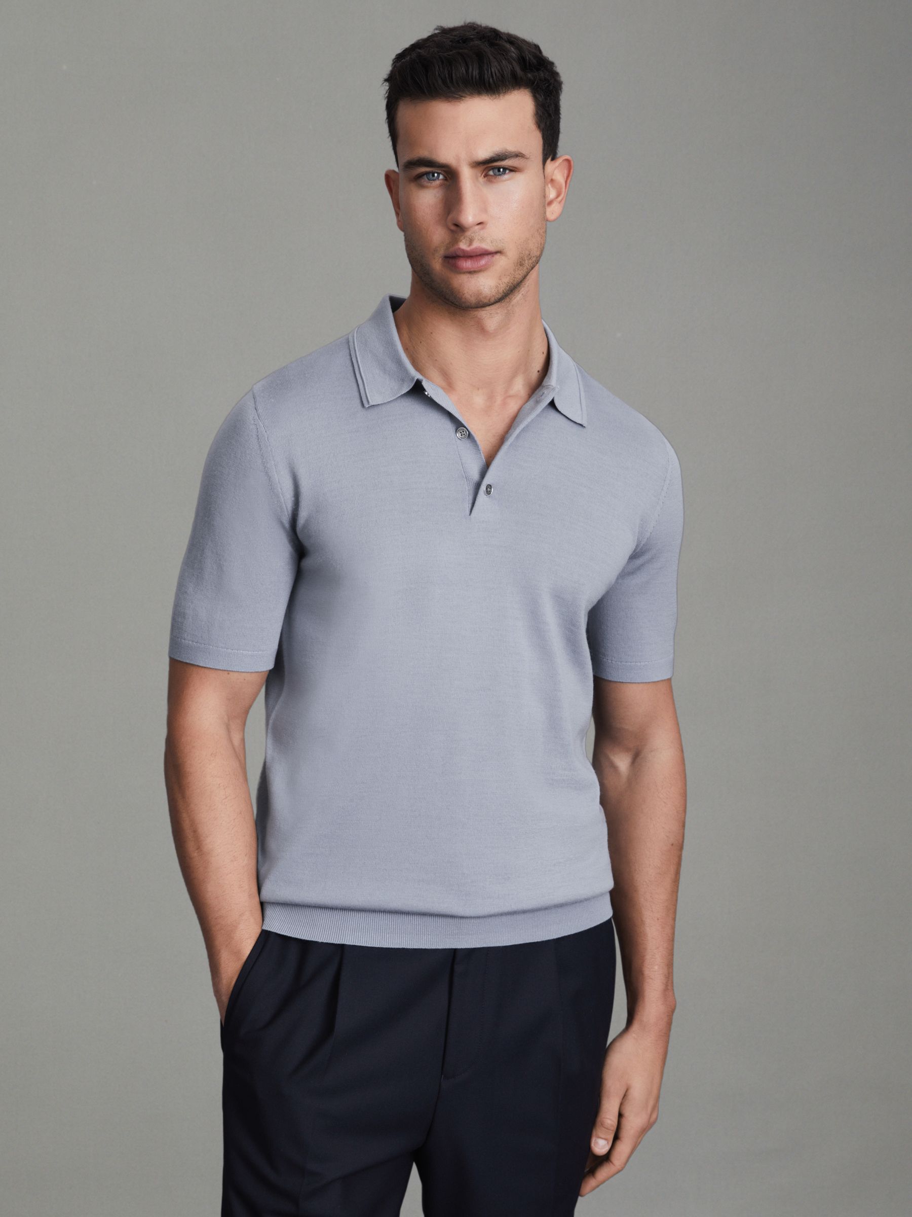 Merino Wool Polo Shirt in China Blue - Image 4 of 5