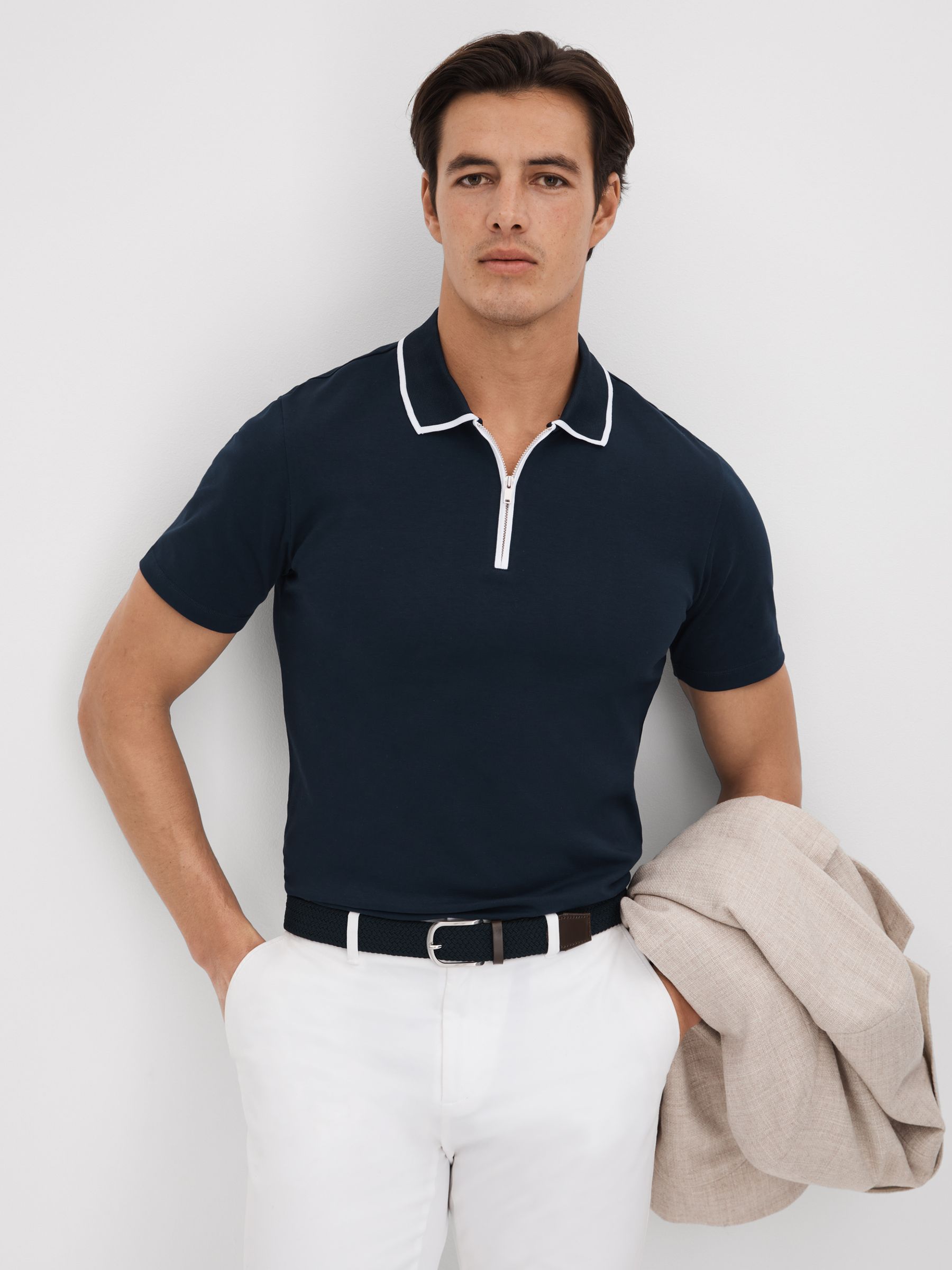Cotton Contrast Collar Half-Zip Polo Shirt in Navy - Image 1 of 6