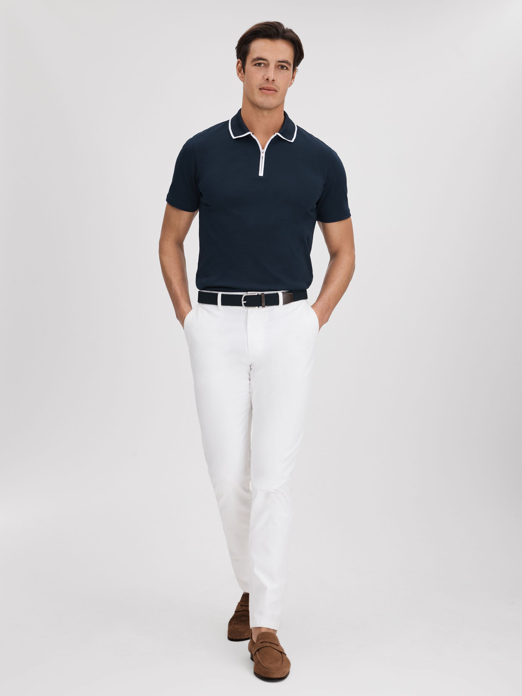 Cotton Contrast Collar Half-Zip Polo Shirt in Navy - Image 3 of 6