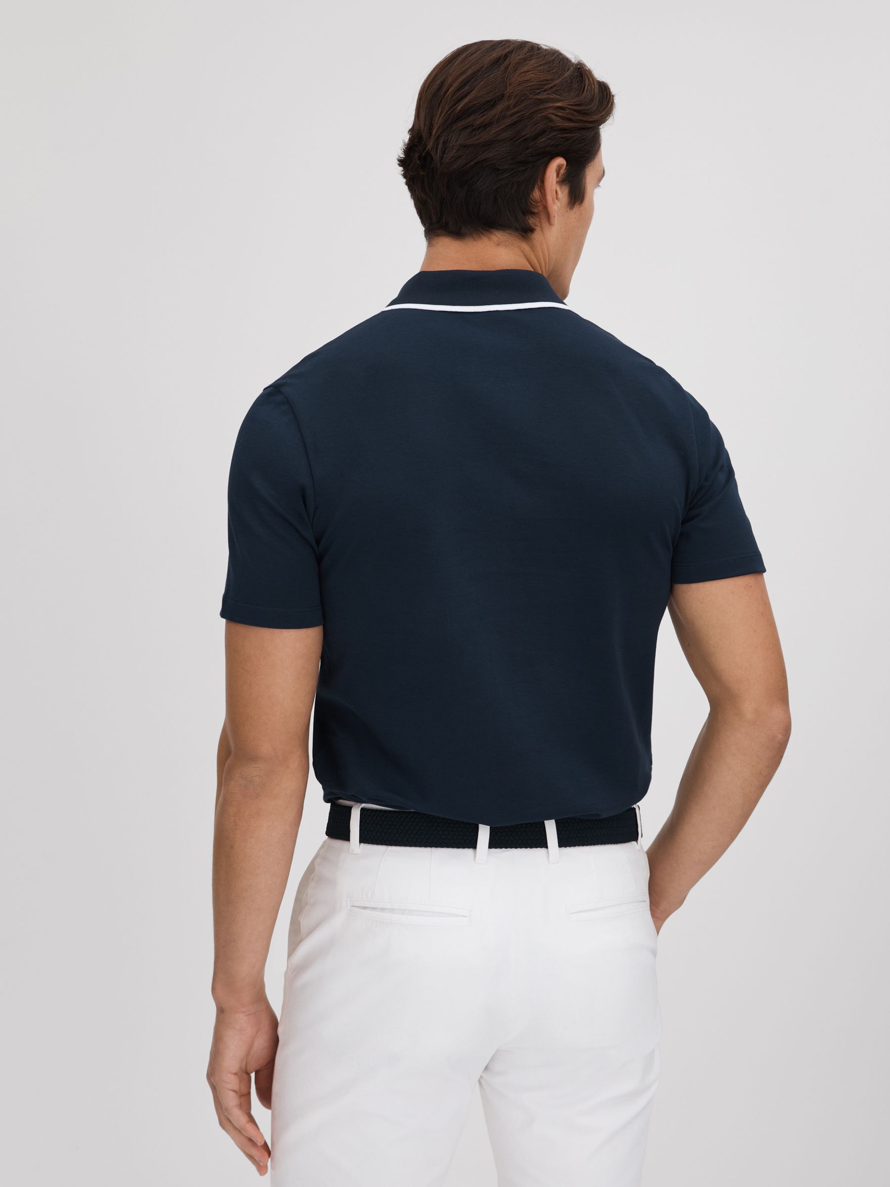 Cotton Contrast Collar Half-Zip Polo Shirt in Navy - Image 5 of 6