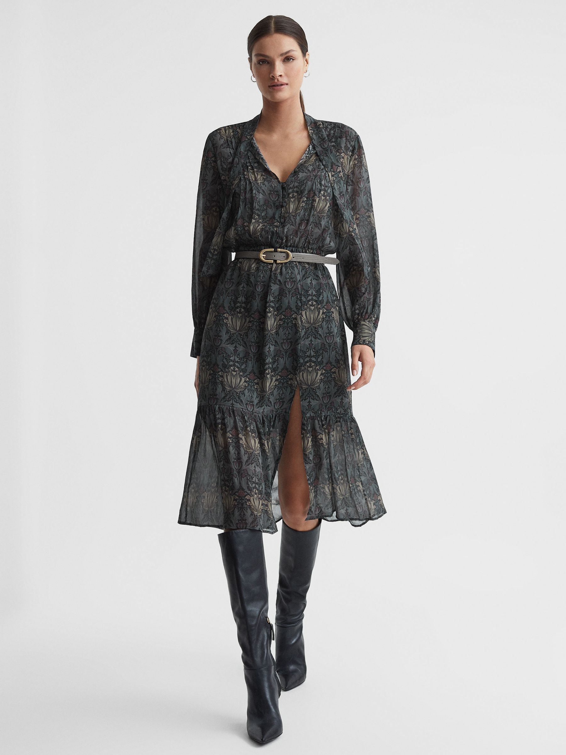 Paige Silk Printed Tie Neck Midi Dress in Grey/Charcoal - Image 1 of 6