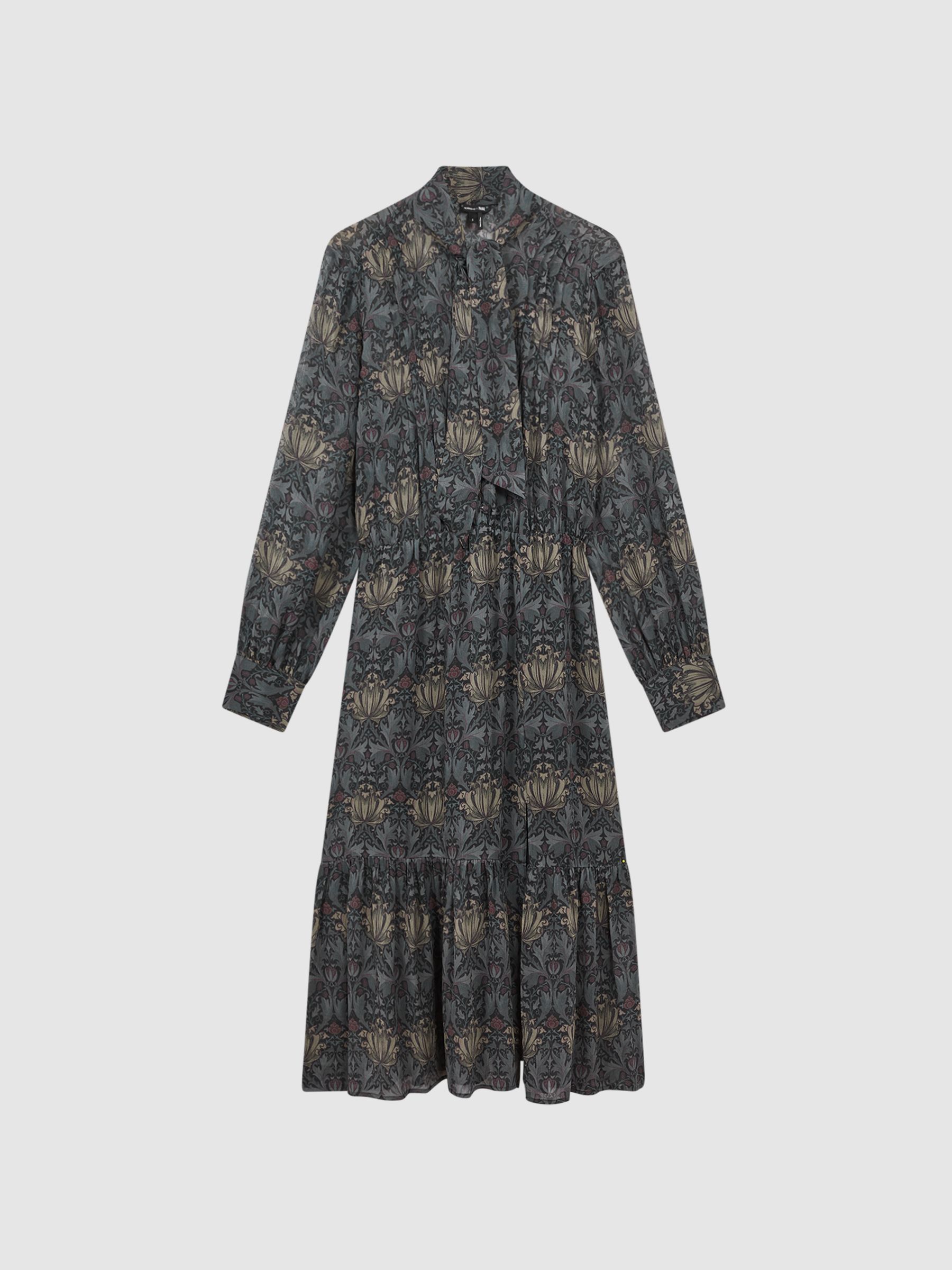 Paige Silk Printed Tie Neck Midi Dress in Grey/Charcoal - Image 2 of 6
