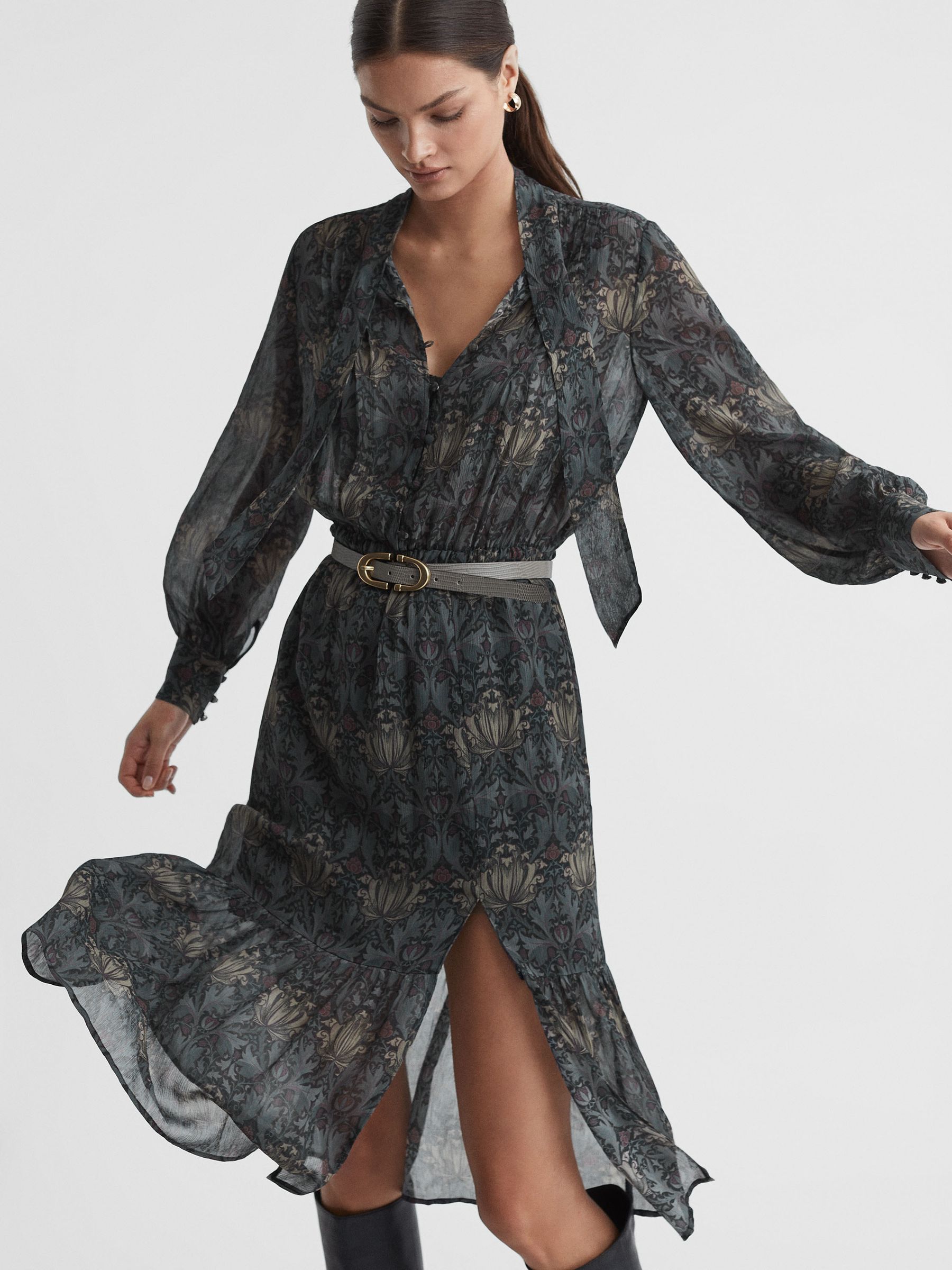 Paige Silk Printed Tie Neck Midi Dress in Grey/Charcoal - Image 3 of 6