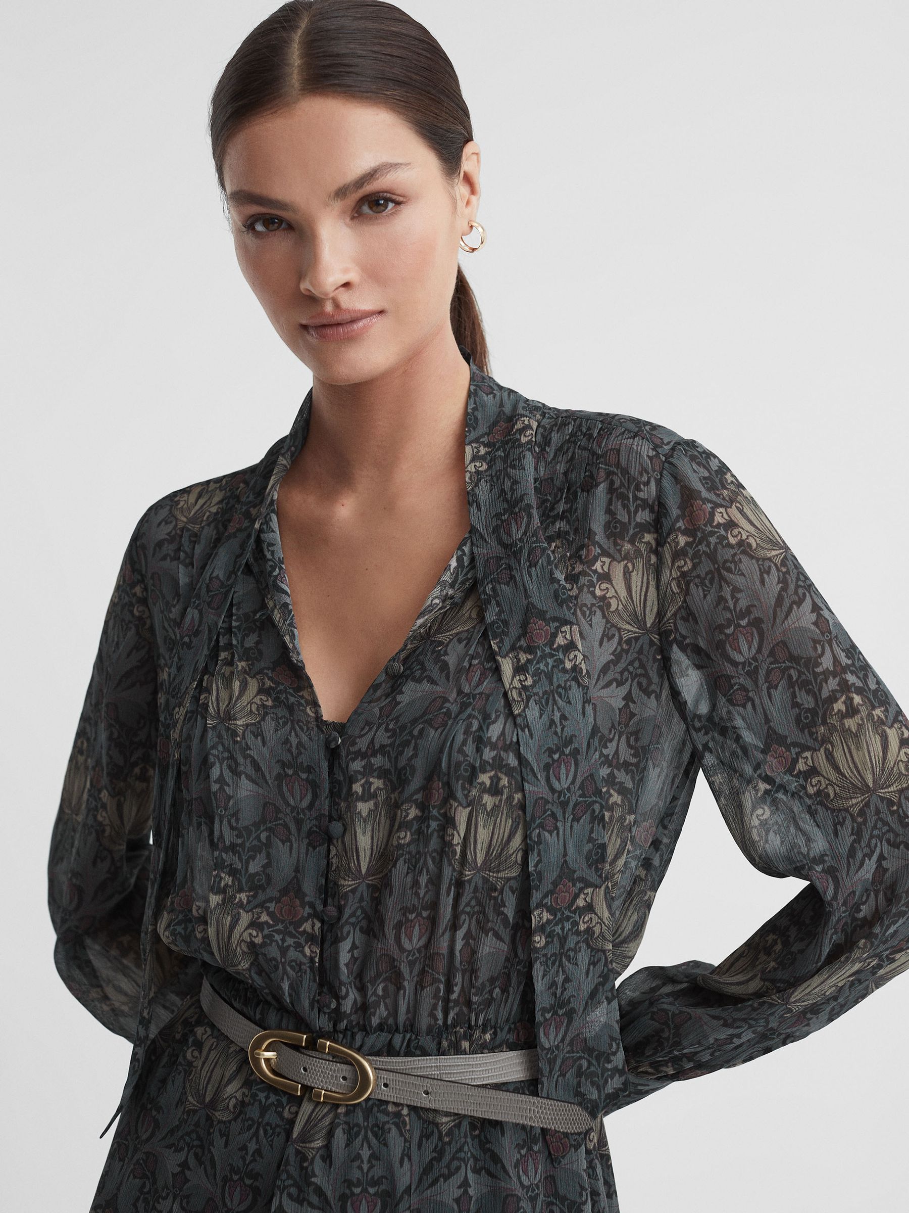 Paige Silk Printed Tie Neck Midi Dress in Grey/Charcoal - Image 4 of 6