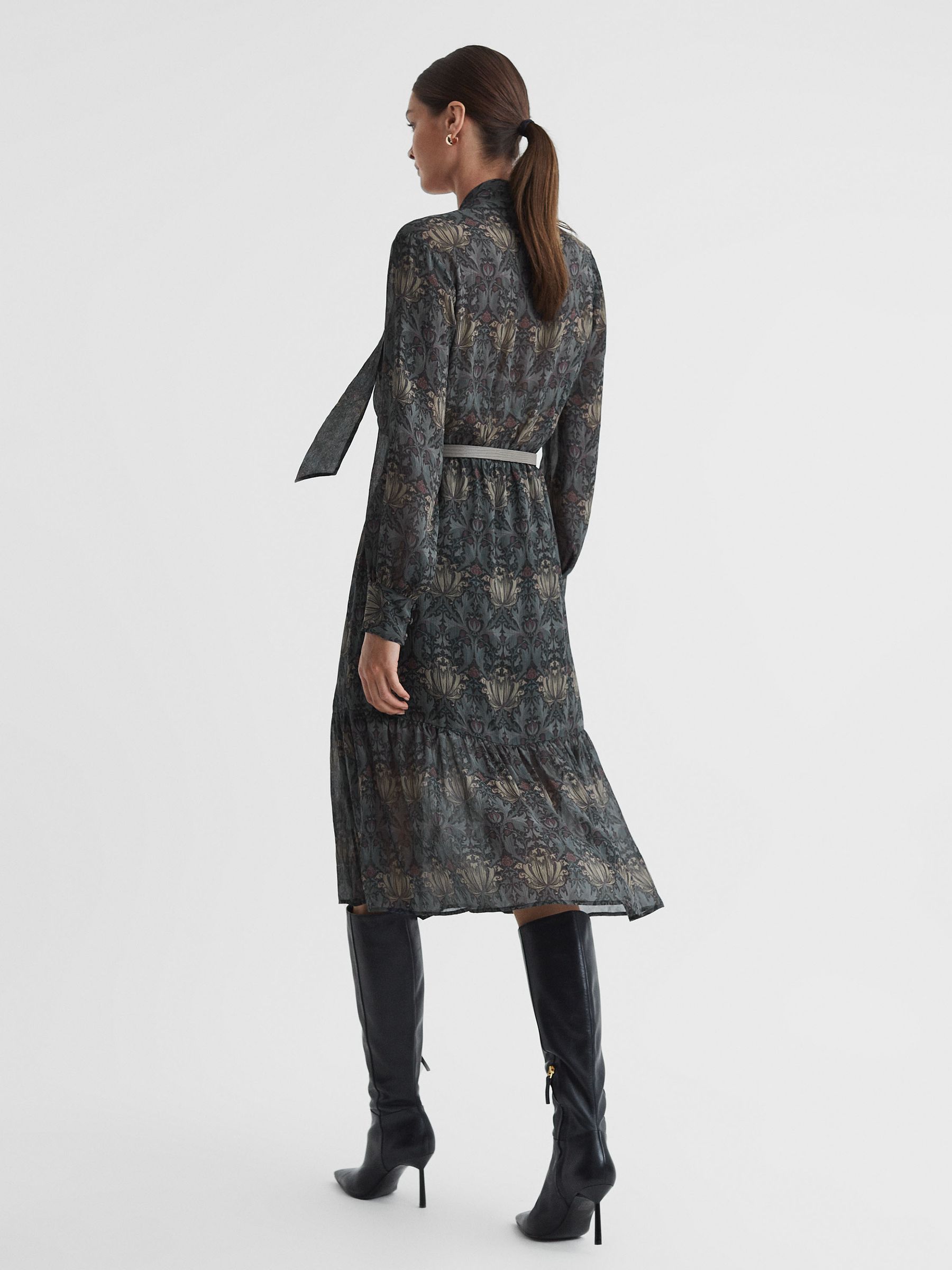 Paige Silk Printed Tie Neck Midi Dress in Grey/Charcoal - Image 5 of 6