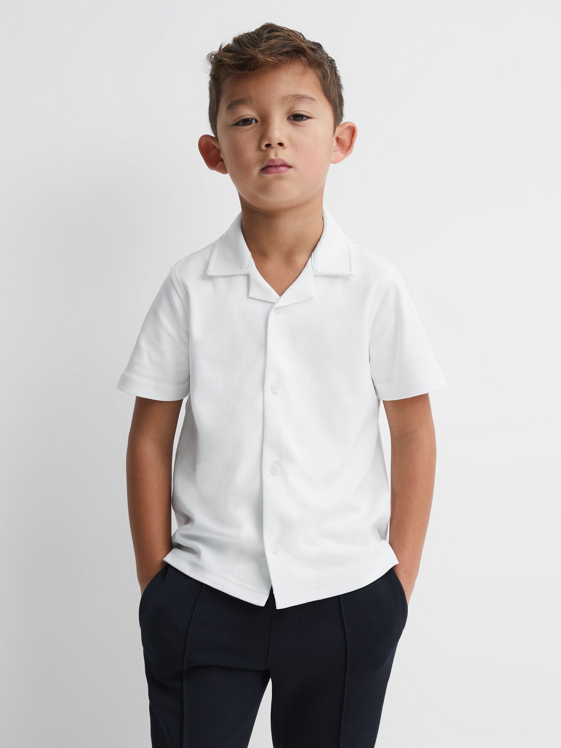 9-13 yrs Cotton Cuban Collar Shirt in White - Image 1 of 6 9-13 yrs Cotton Cuban Collar Shirt in White - Image 1 of 6