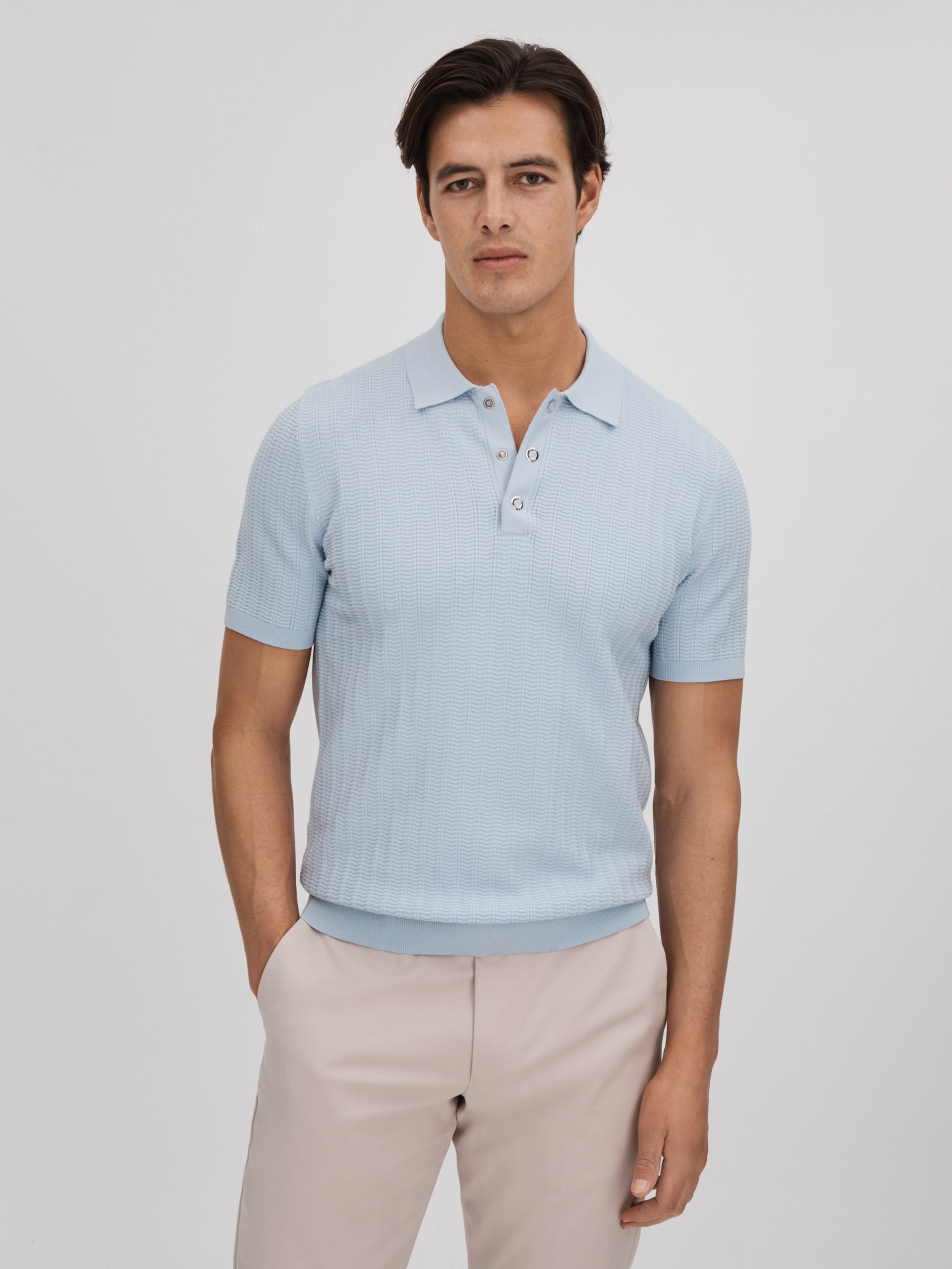 Textured Modal Blend Polo Shirt in Soft Blue - Image 1 of 7 Textured Modal Blend Polo Shirt in Soft Blue - Image 1 of 7