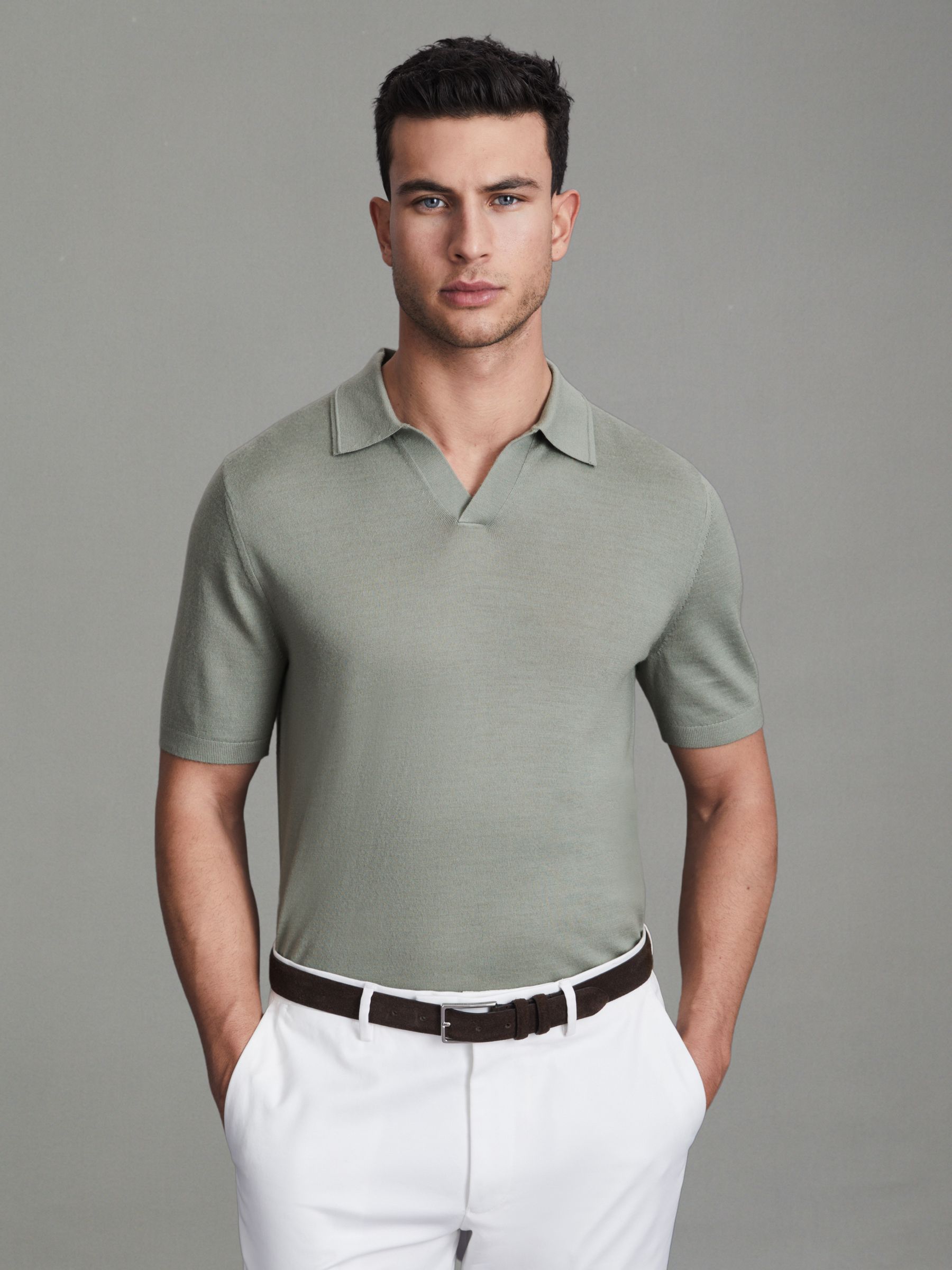 Merino Wool Open Collar Polo Shirt in Pistachio - Image 1 of 4