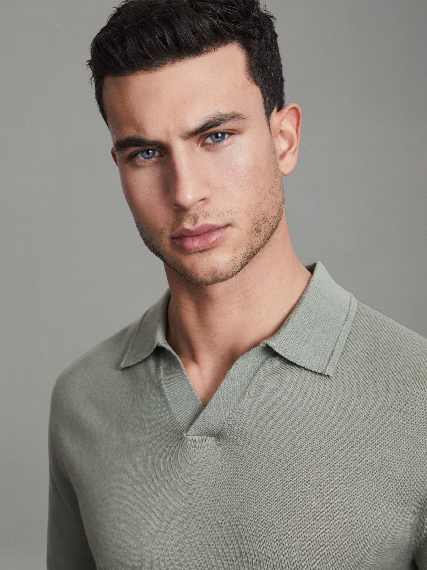 Merino Wool Open Collar Polo Shirt in Pistachio - Image 3 of 4