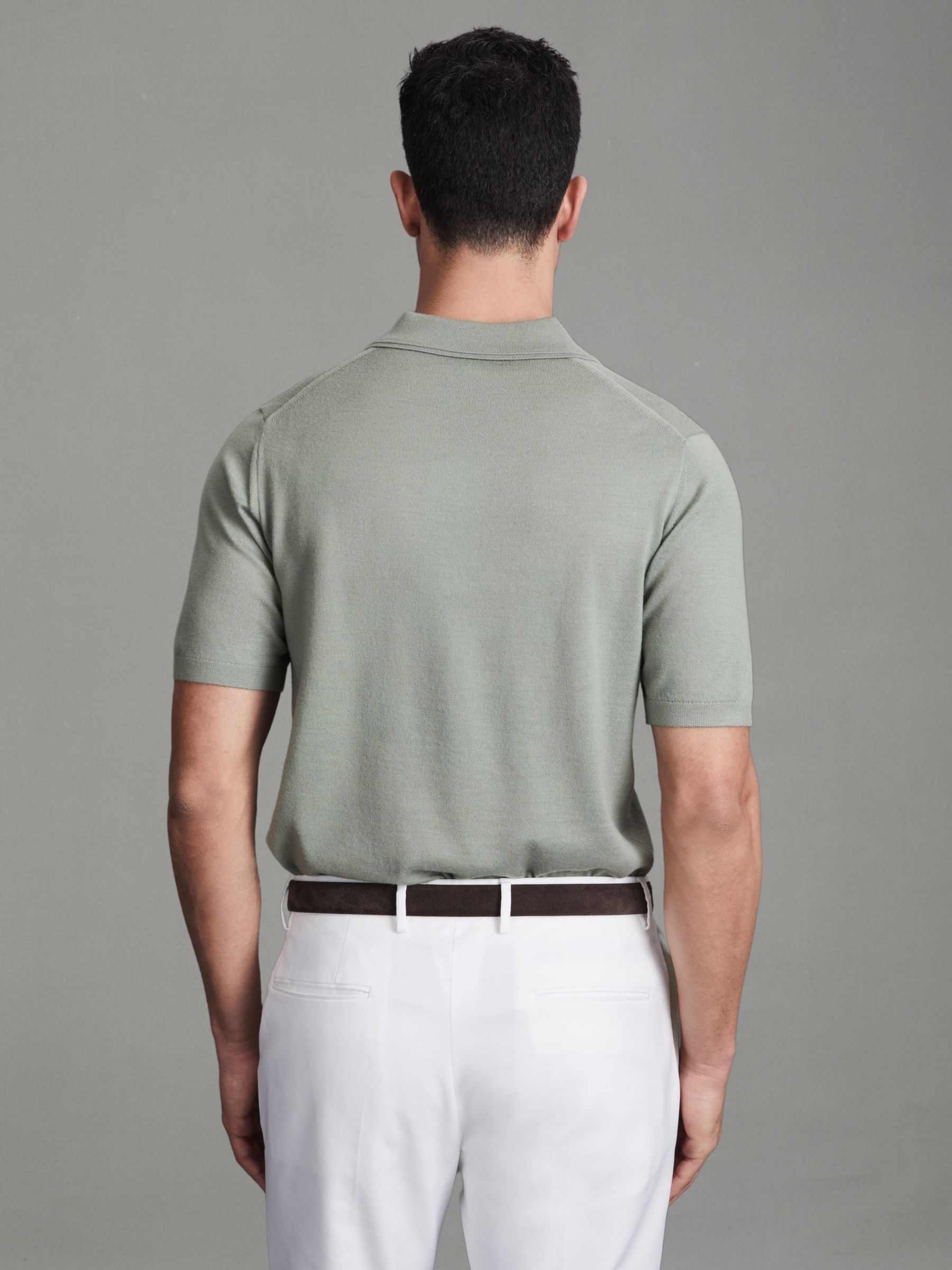 Merino Wool Open Collar Polo Shirt in Pistachio - Image 4 of 4