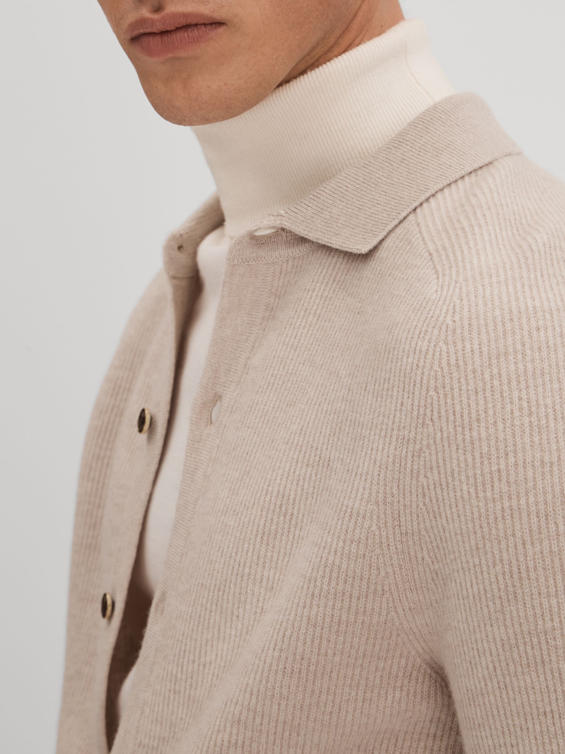 Ribbed Wool Cardigan in Oatmeal Melange - Image 4 of 6 Ribbed Wool Cardigan in Oatmeal Melange - Image 4 of 6