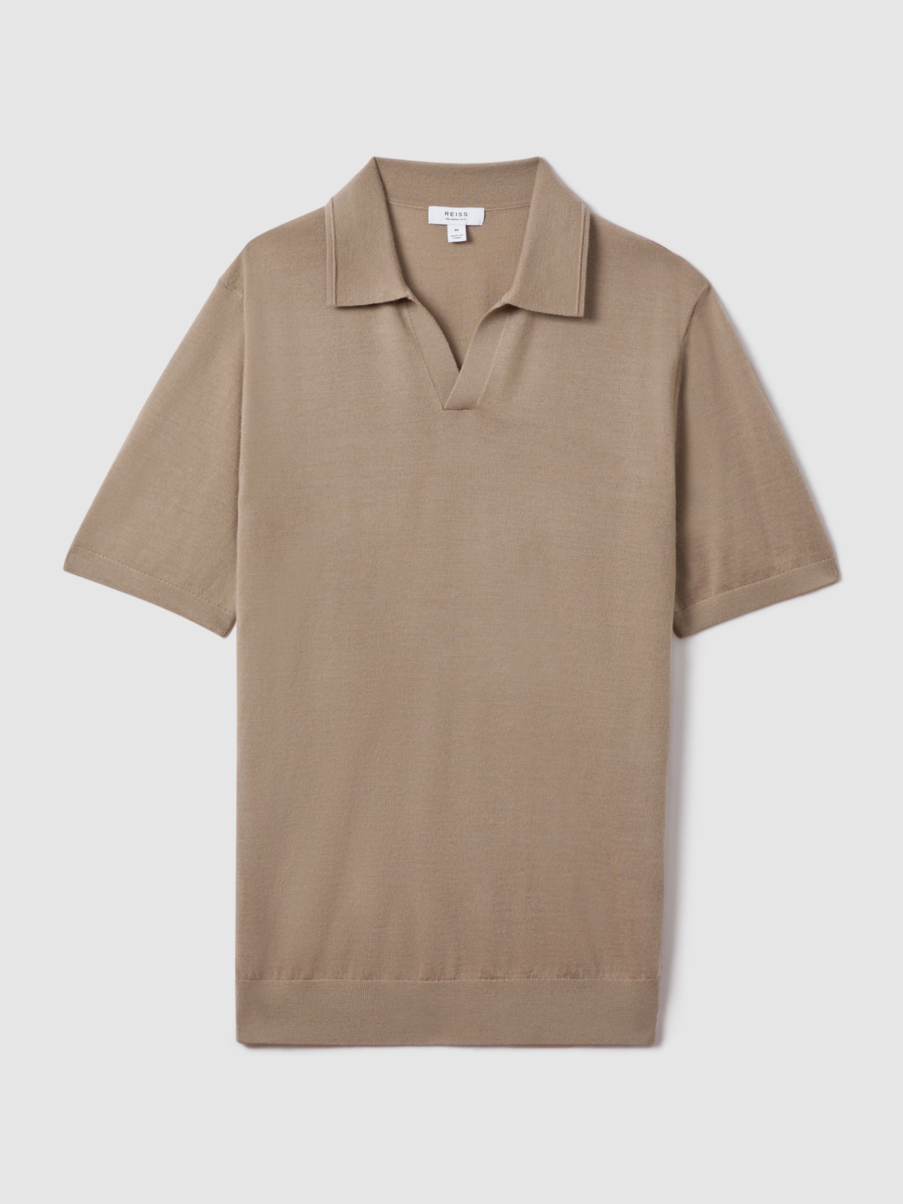 Merino Wool Open Collar Polo Shirt in Camel - Image 2 of 5