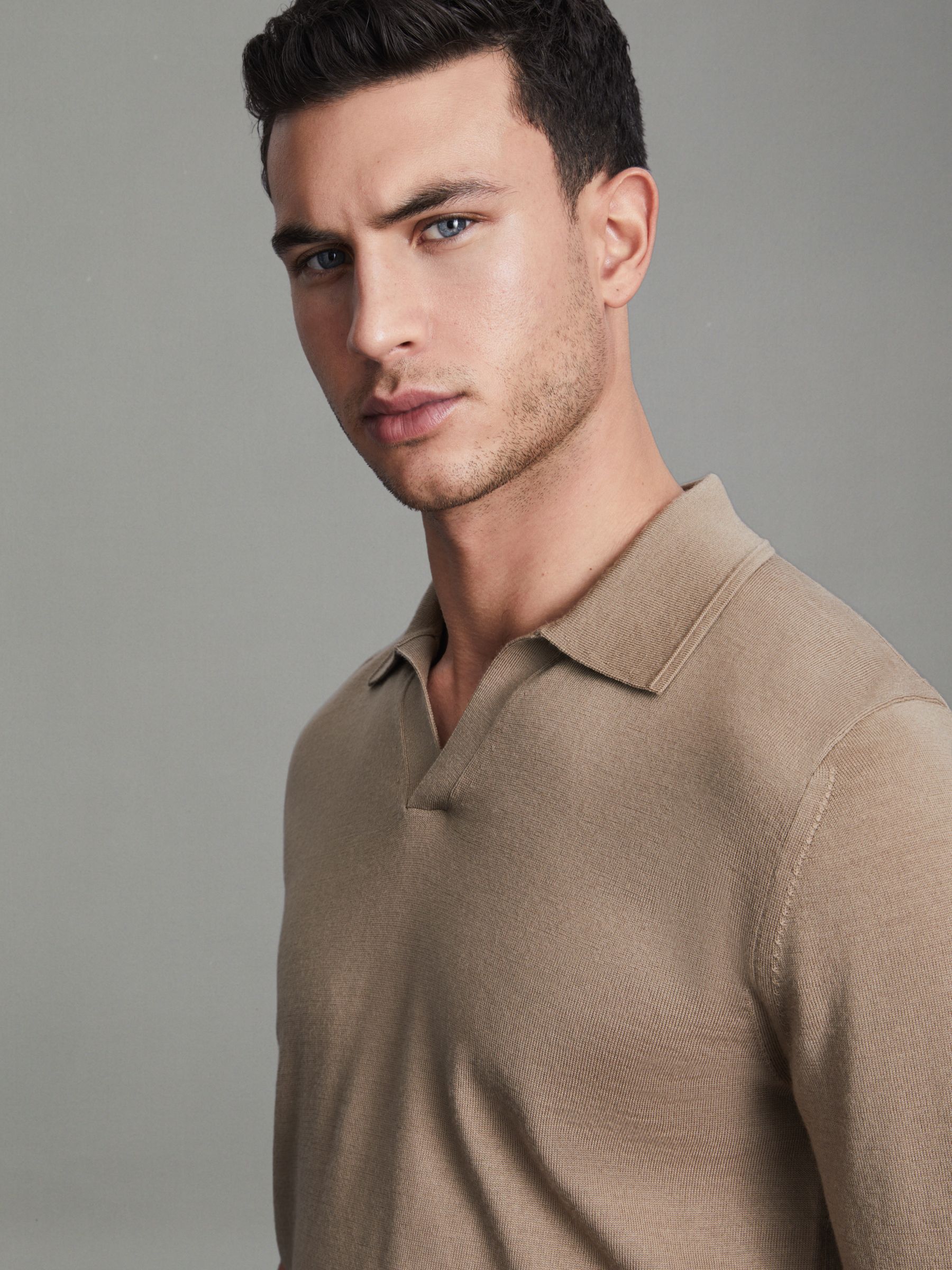Merino Wool Open Collar Polo Shirt in Camel - Image 4 of 5