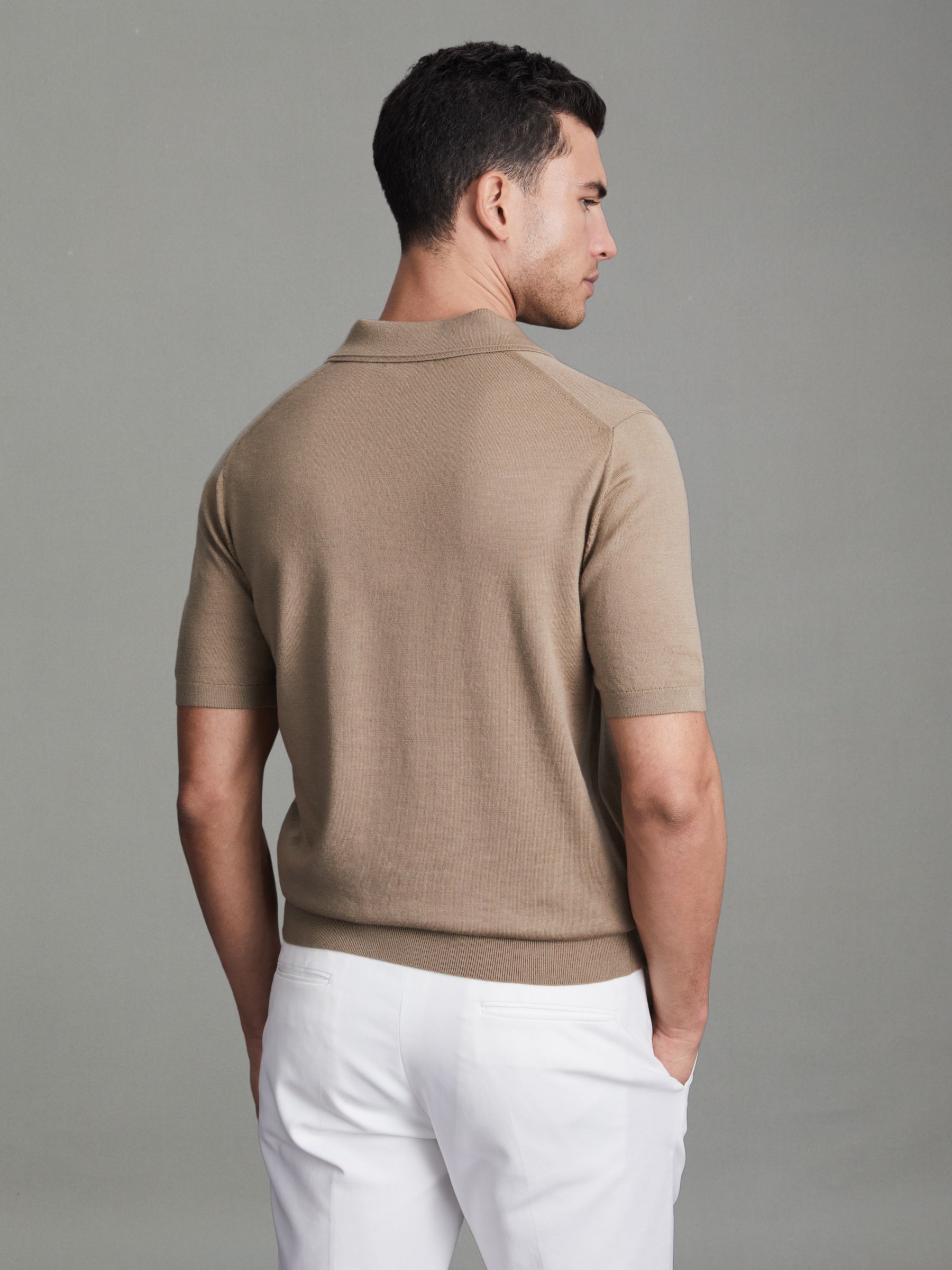 Merino Wool Open Collar Polo Shirt in Camel - Image 5 of 5