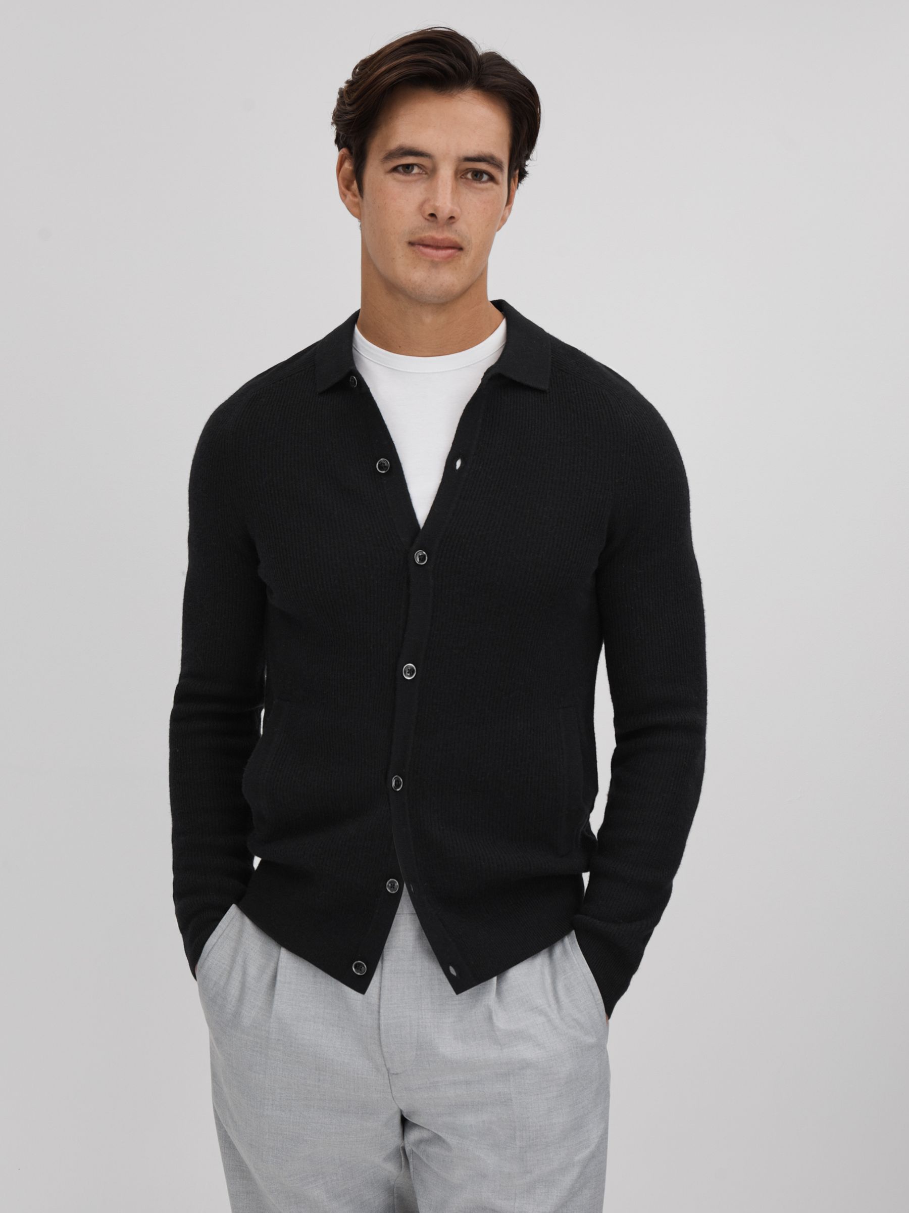 Ribbed Wool Cardigan in Black - Image 1 of 6