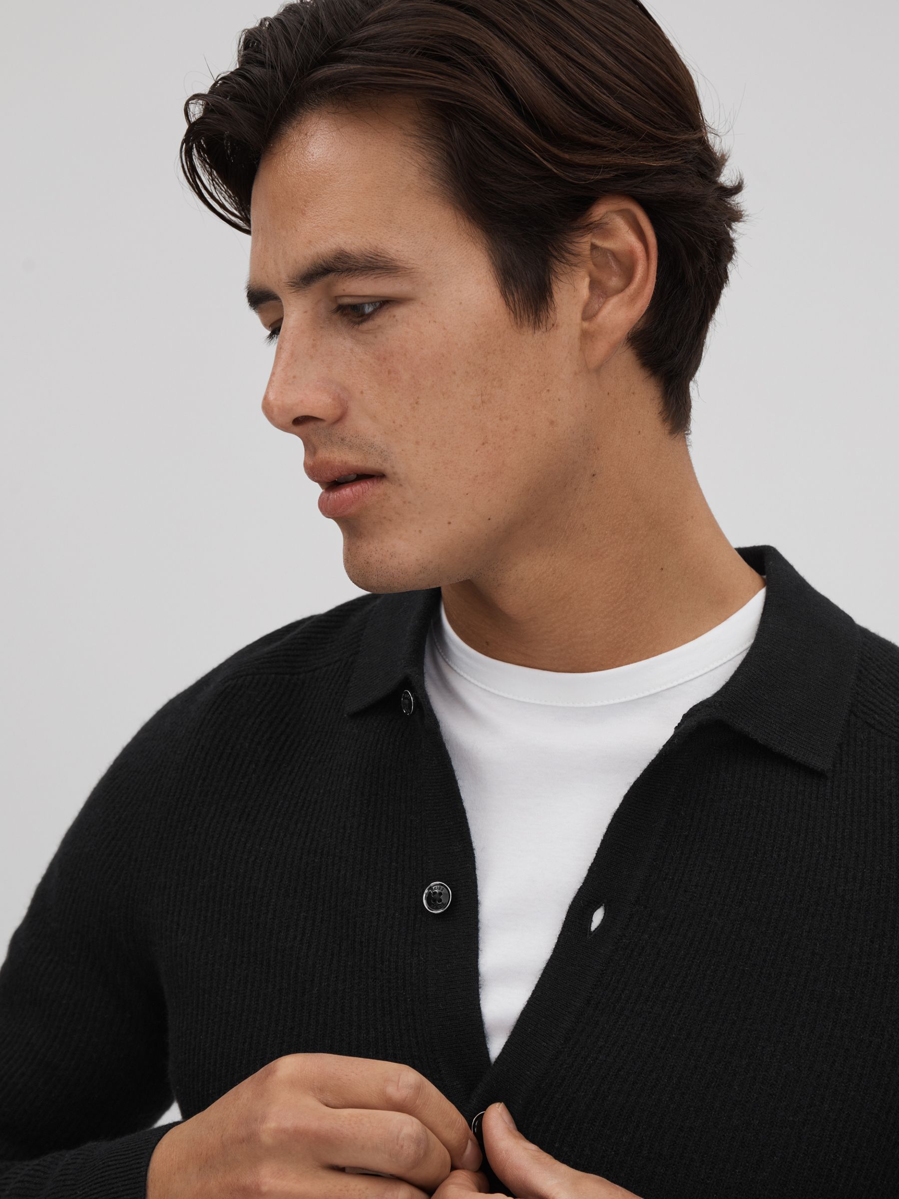 Ribbed Wool Cardigan in Black - Image 4 of 6