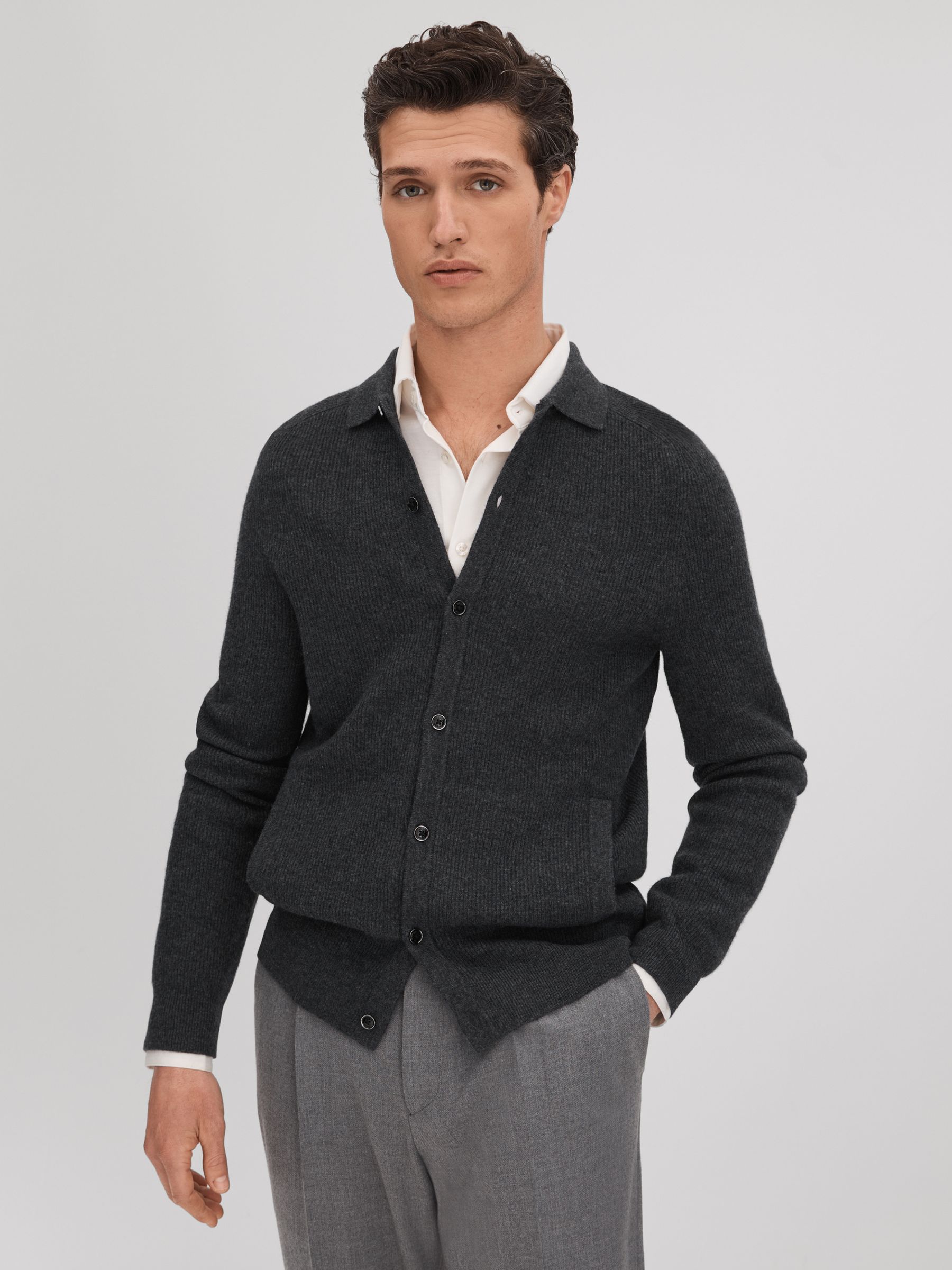 Ribbed Wool Cardigan in Charcoal - Image 1 of 1 Ribbed Wool Cardigan in Charcoal - Image 1 of 1
