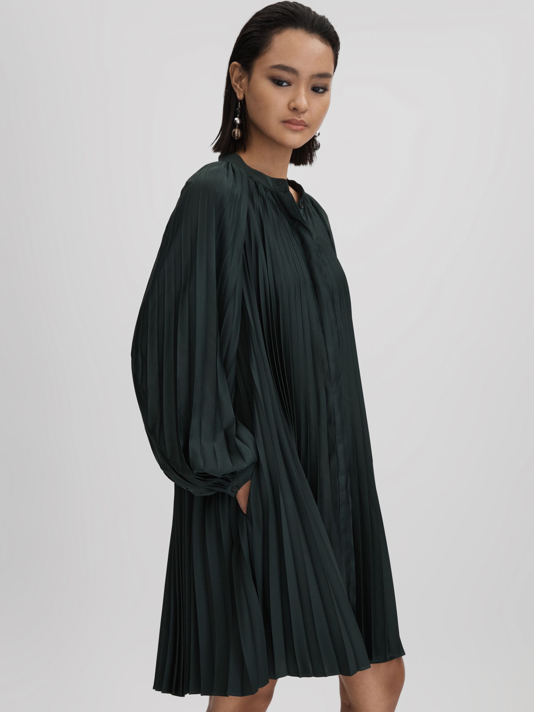 Pleated Belted Mini Dress in Green - Image 3 of 7