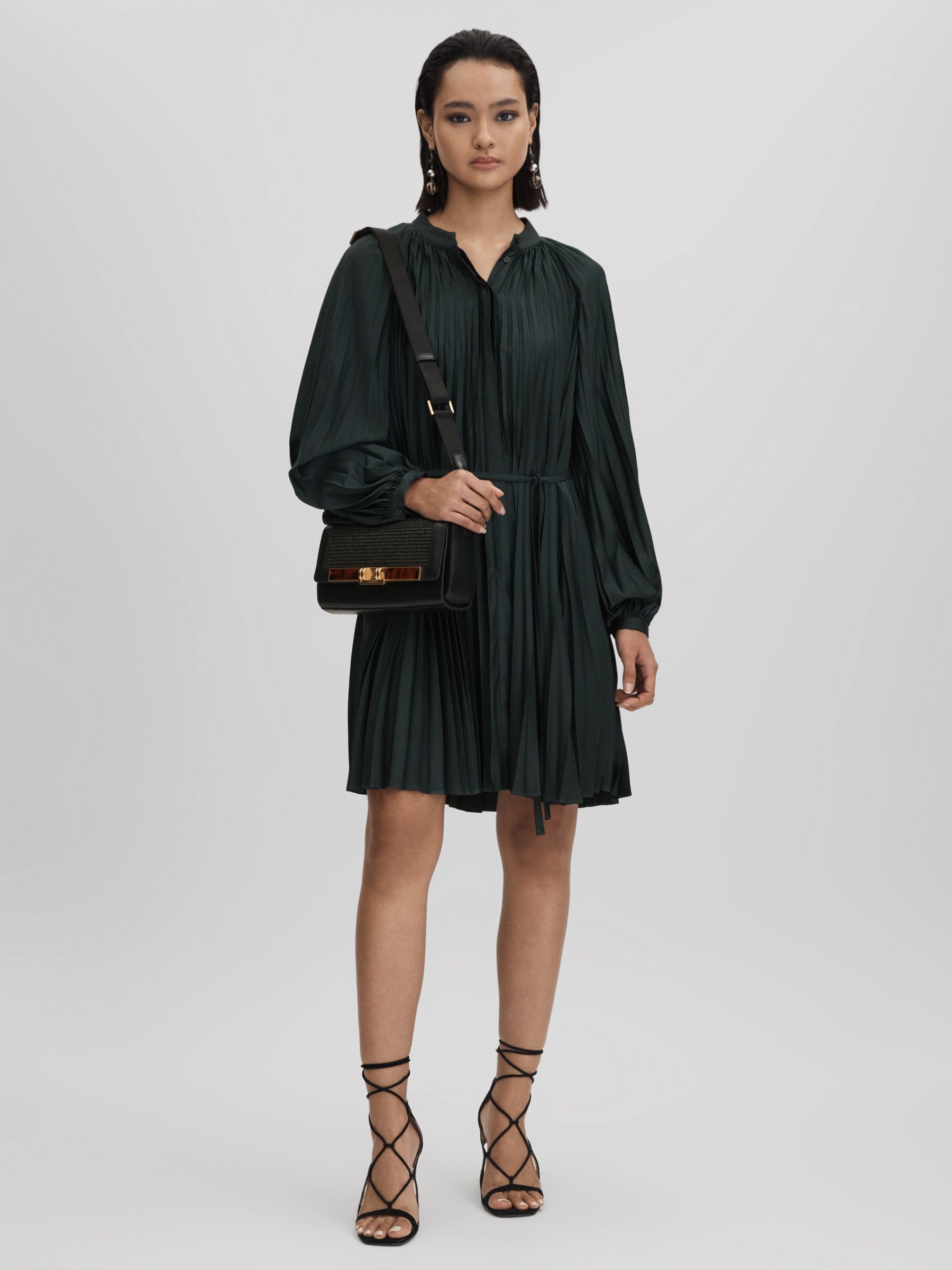 Pleated Belted Mini Dress in Green - Image 6 of 7