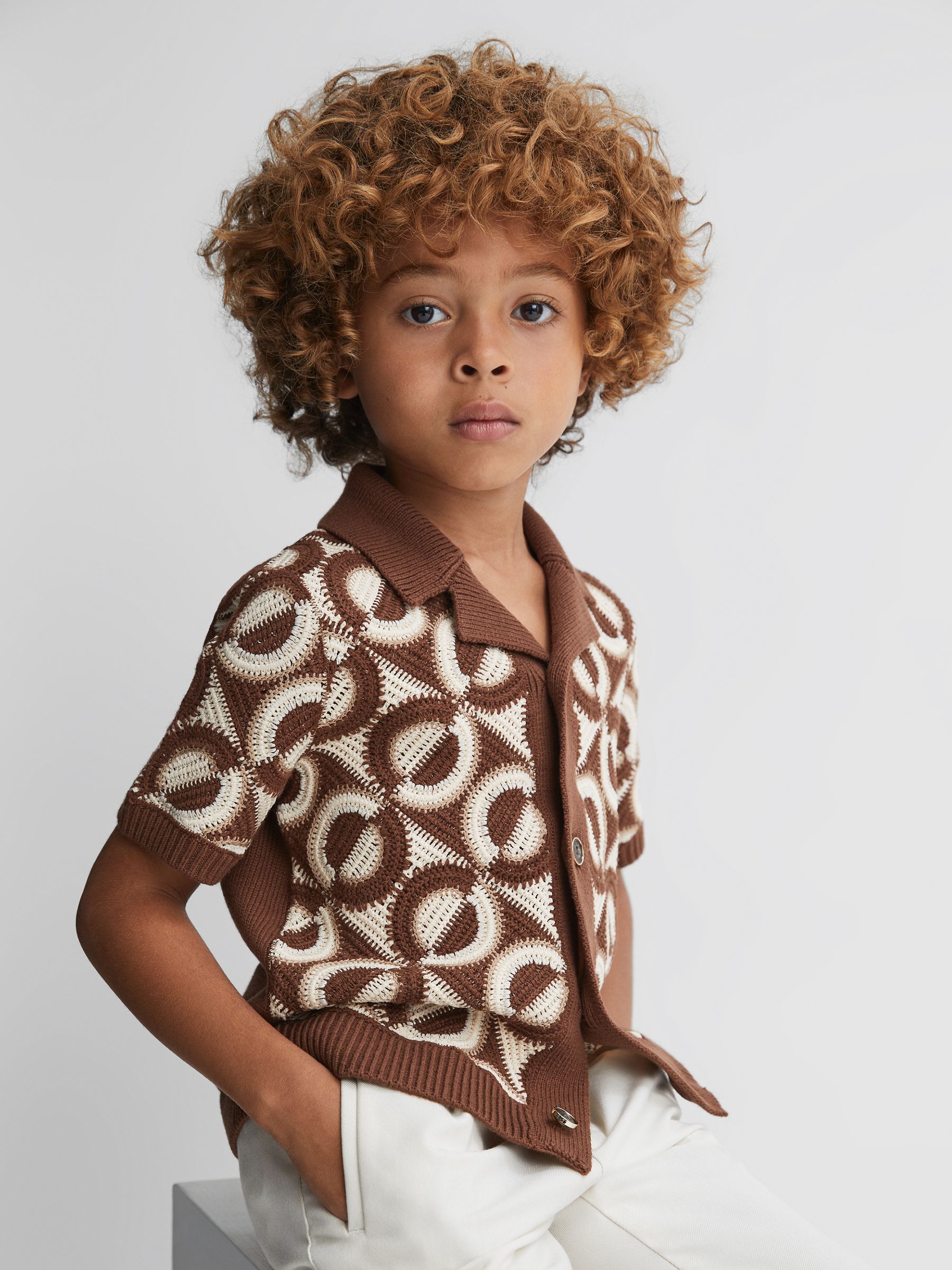 13-14 yrs Knitted Cuban Collar Shirt in Tobacco - Image 1 of 6