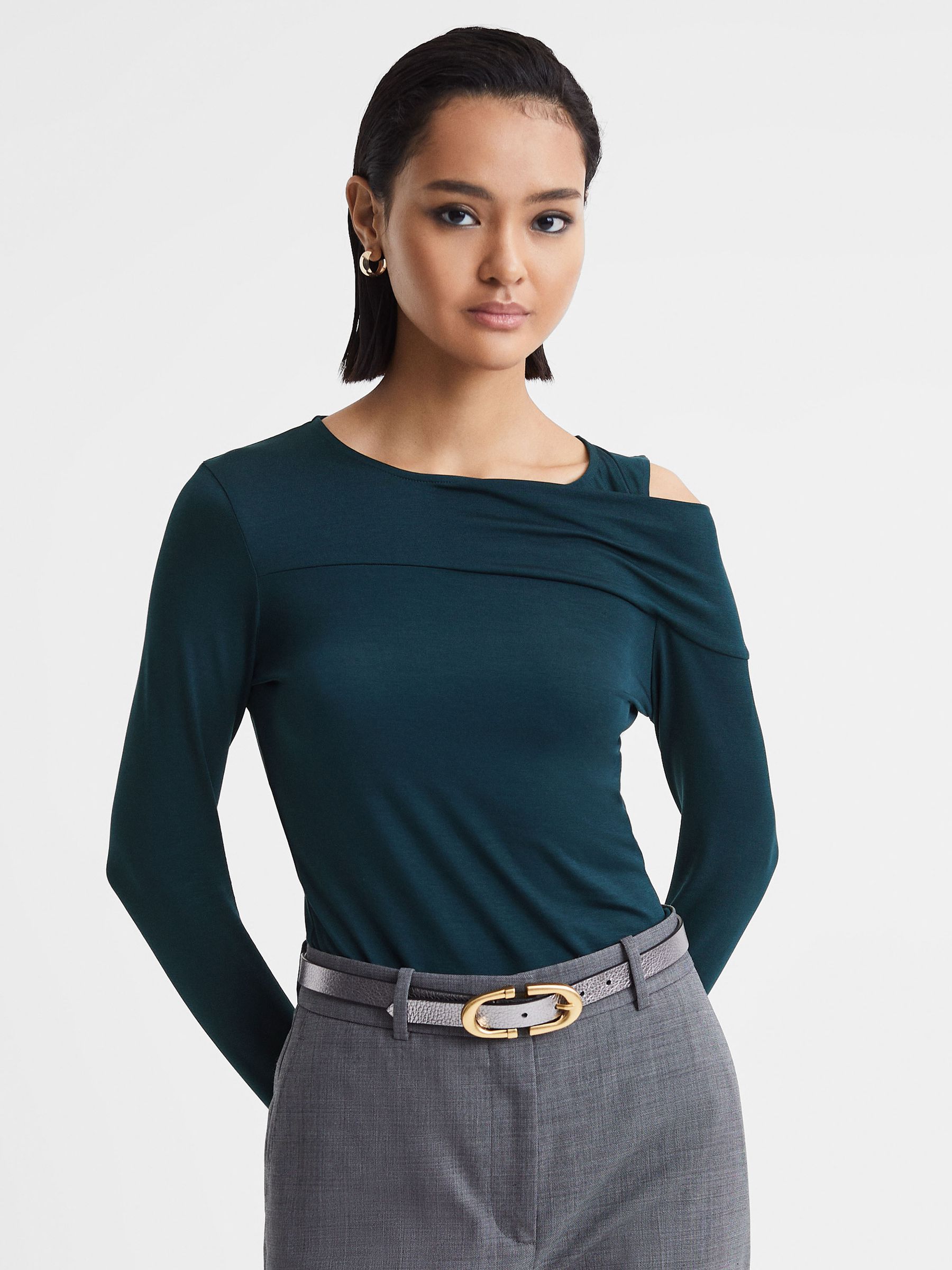 Draped Shoulder Top in Teal - Image 1 of 5