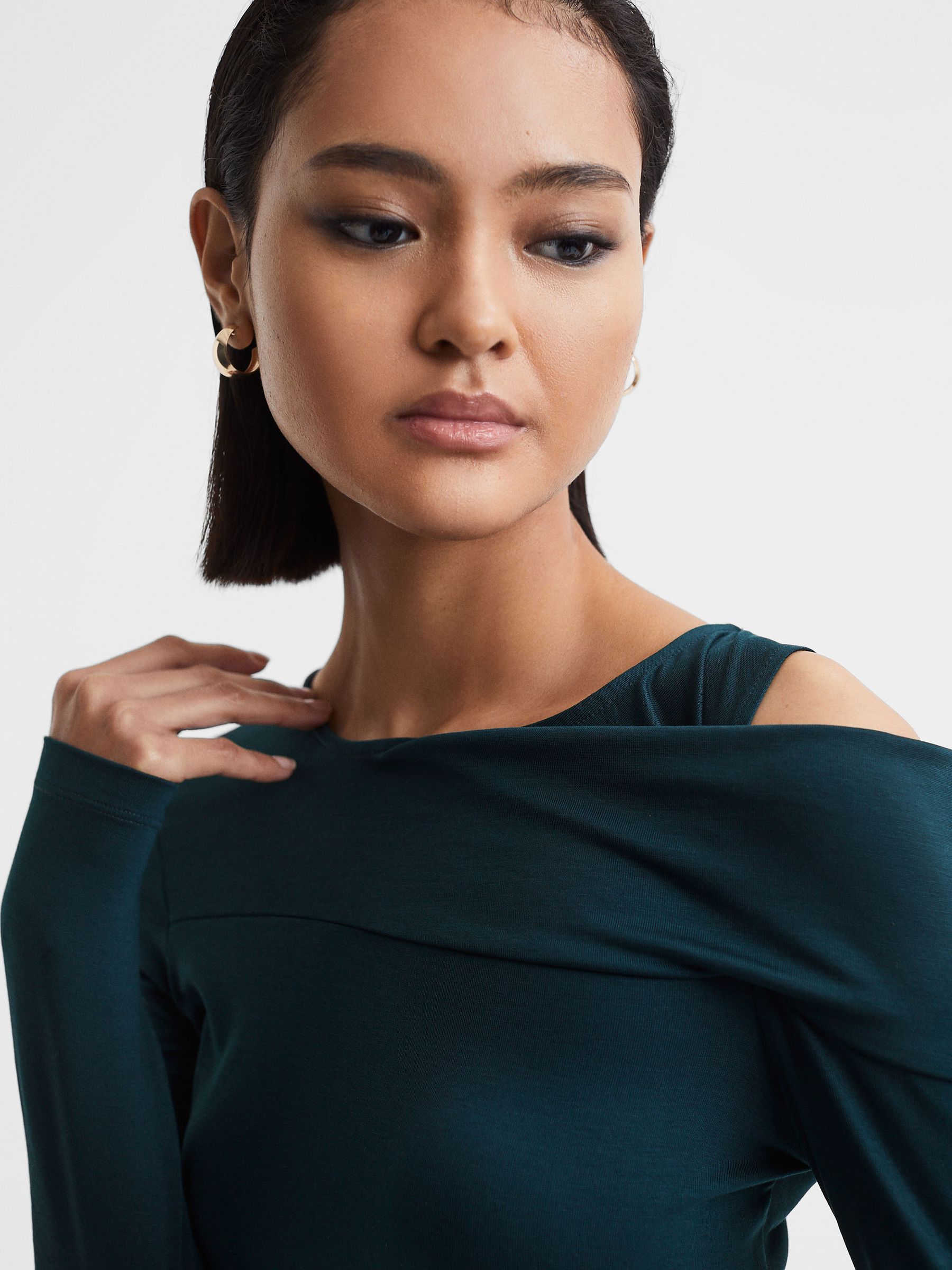 Draped Shoulder Top in Teal - Image 4 of 5
